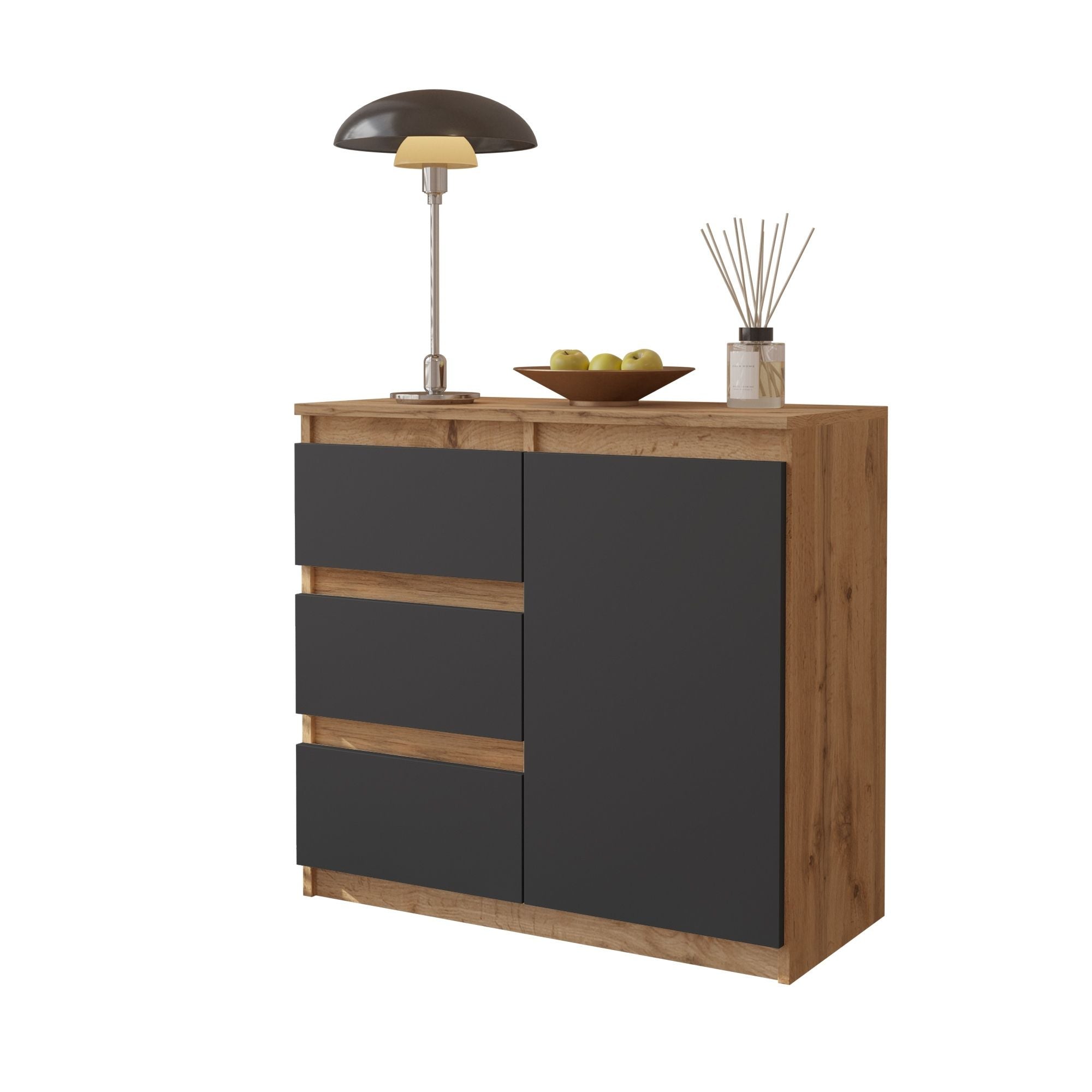 MIKEL - Kommode med 3 skuffer - naturfarvet / antracit-gråÂ H75cm B80cm D35cm
