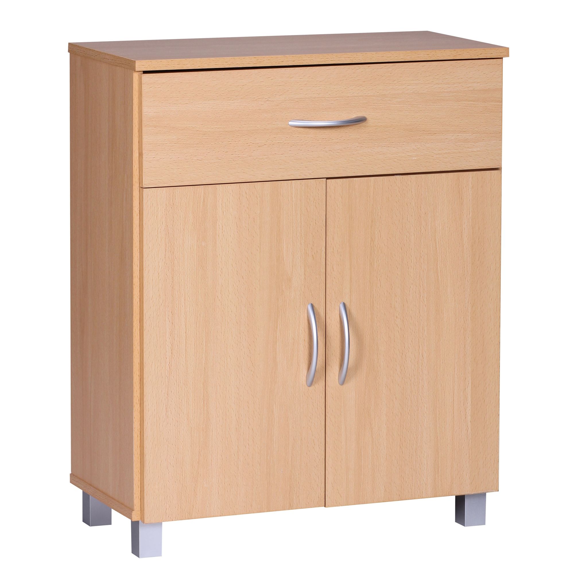 Skænk bøg 60x75x30cm Kommode med skuffe og låger, Lille moderne skænk brun, Designer træskab, Universalskab med håndtag, Lille smalt entreskab