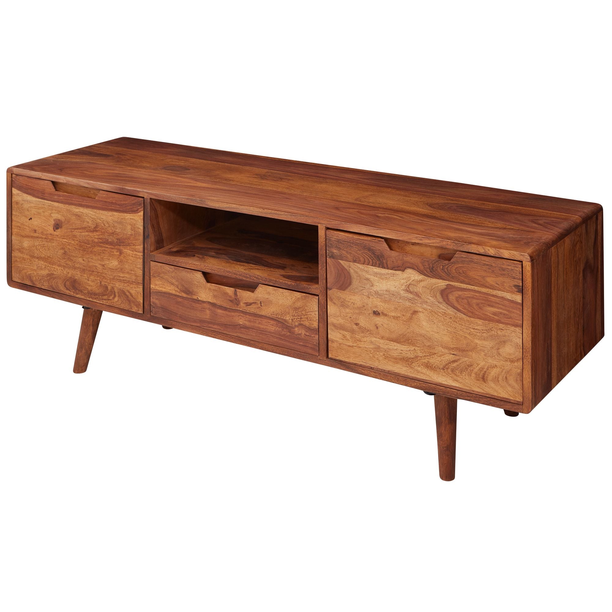 HiFi Lowboard Sheesham massivt træ landlig TV-skab 135x51x45cm, TV-bord med skuffe og 2 døre, TV-bord med opbevaringsrum, TV-kommode, TV-møbel