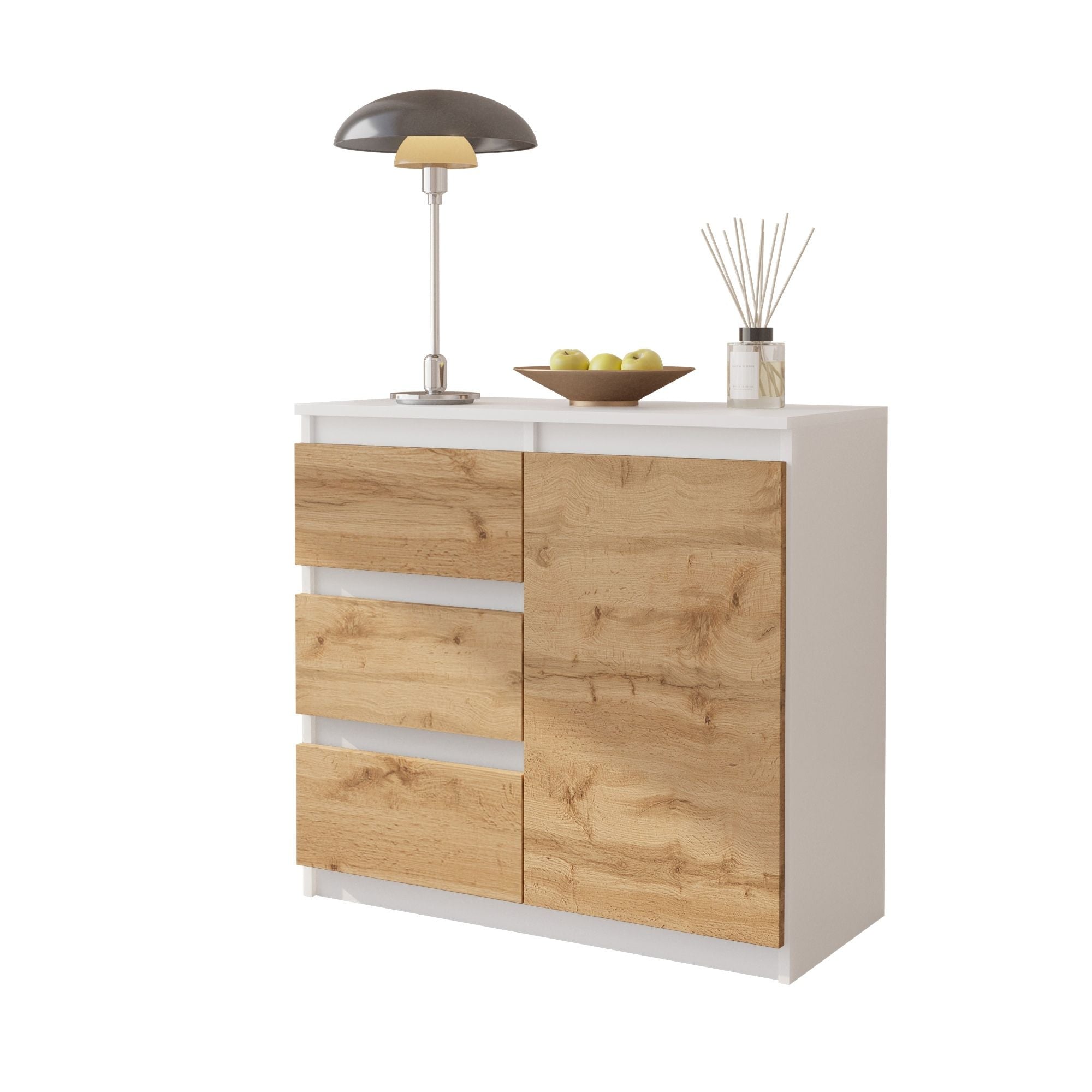 MIKEL - Kommode med 3 skuffer -Â mat hvid / naturfarvet H75cm B80cm D35cm