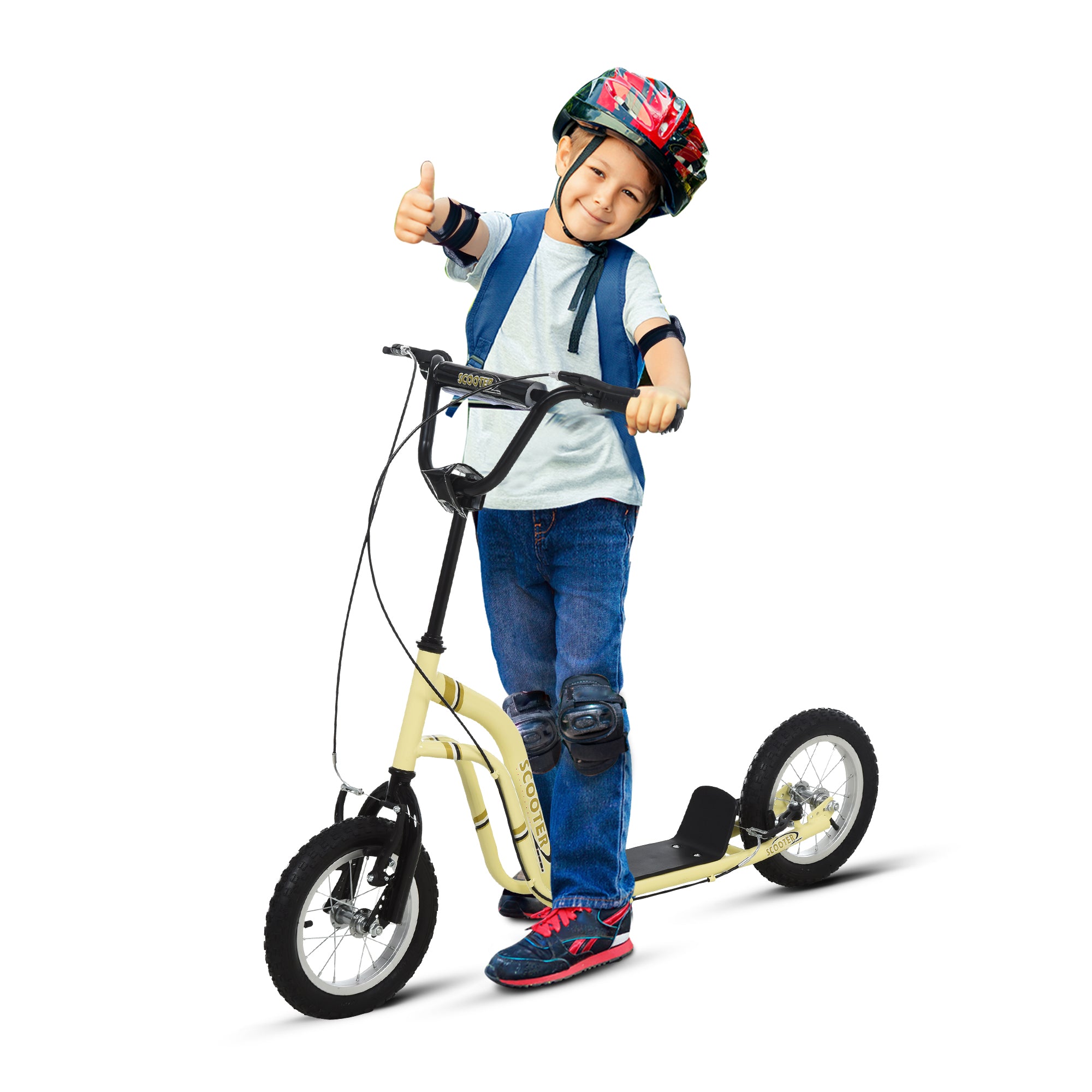 Børneløbehjul fra 5 år, løbehjul, city scooter, børne-sparkbræt med 12-tommer luftdæk, gummi, aluminium, beige, 120 x 58 x 85-95 cm