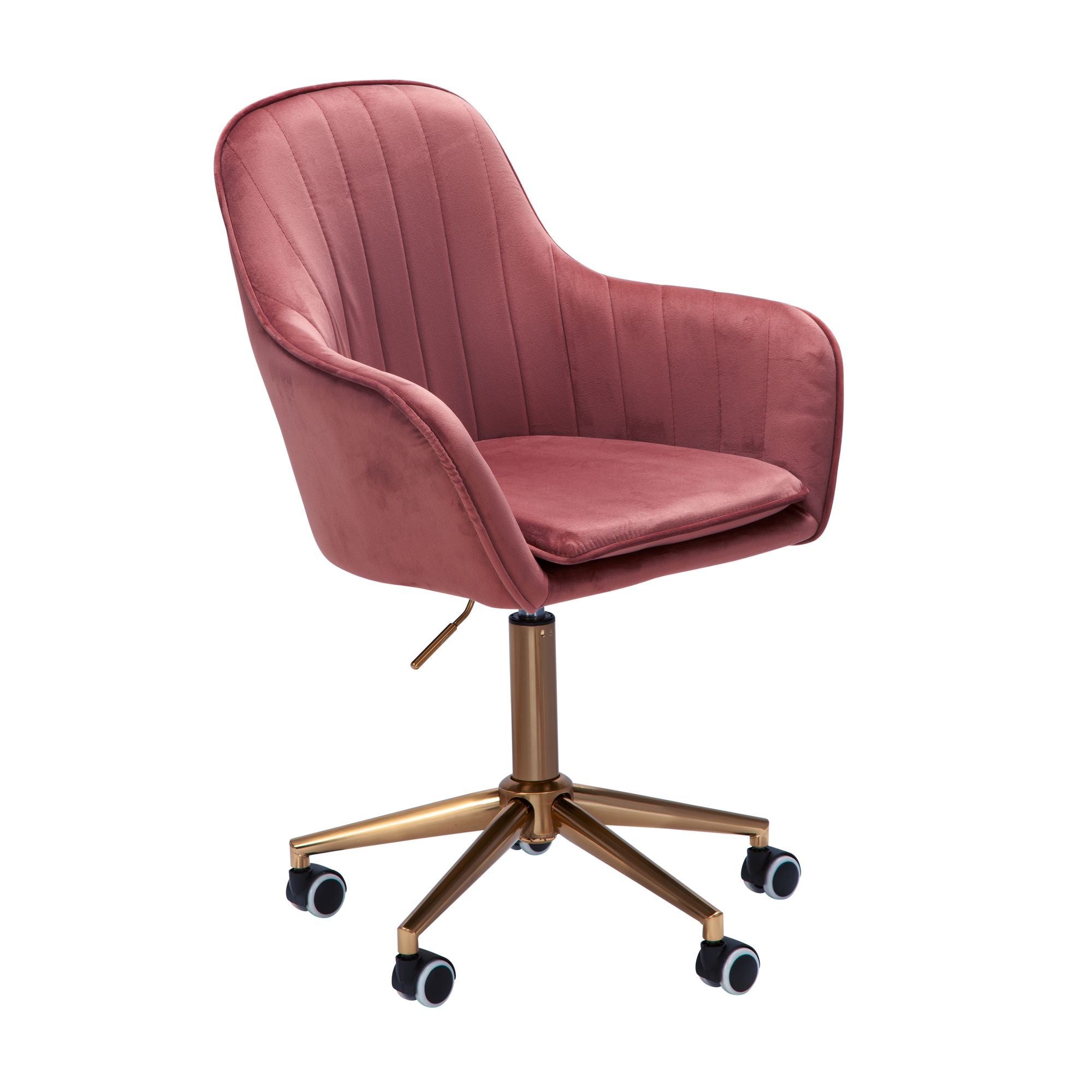 Fløjlskontorstol i pink, designer drejestol med ryglæn, arbejdsstol, 120 kg vægtkapacitet, højdejusterbar, skalstol med hjul, drejestol