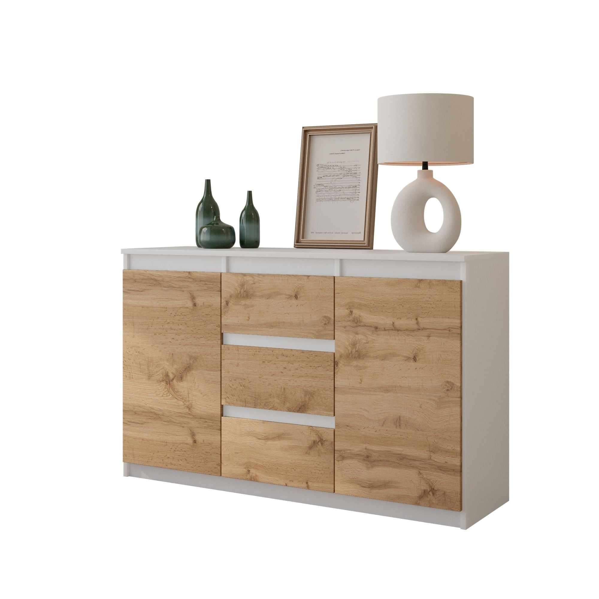 MIKEL - Kommode med 3 skuffer - mat hvid / naturfarvet H75cm B120cm D35cm