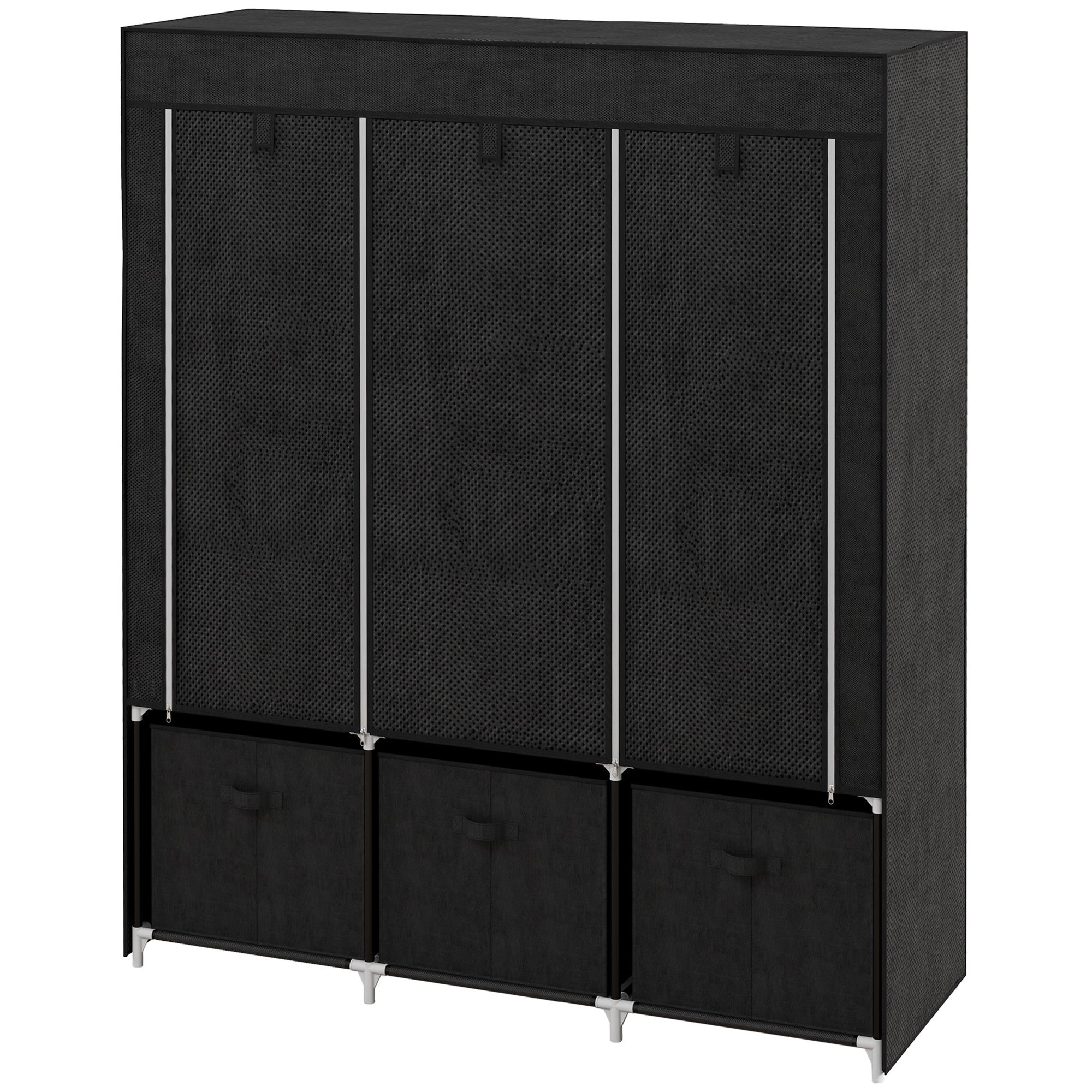 Stofgarderobe lavet af non-woven materiale, sammenklappelig garderobe, inklusive 3 skuffer, 125 cm x 43 cm x 162,5 cm, sort