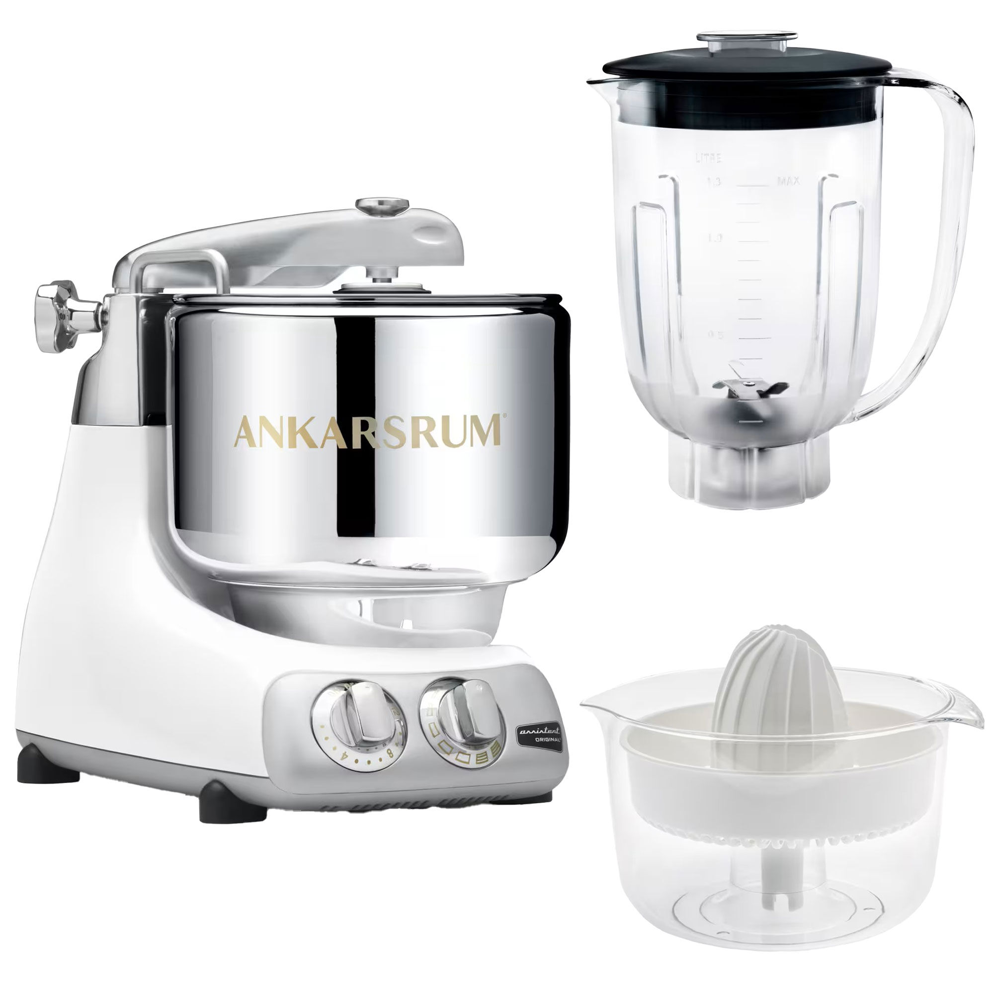 Ankarsrum Assistent AKM6230 + mixerkande & citruspresser, mineral white