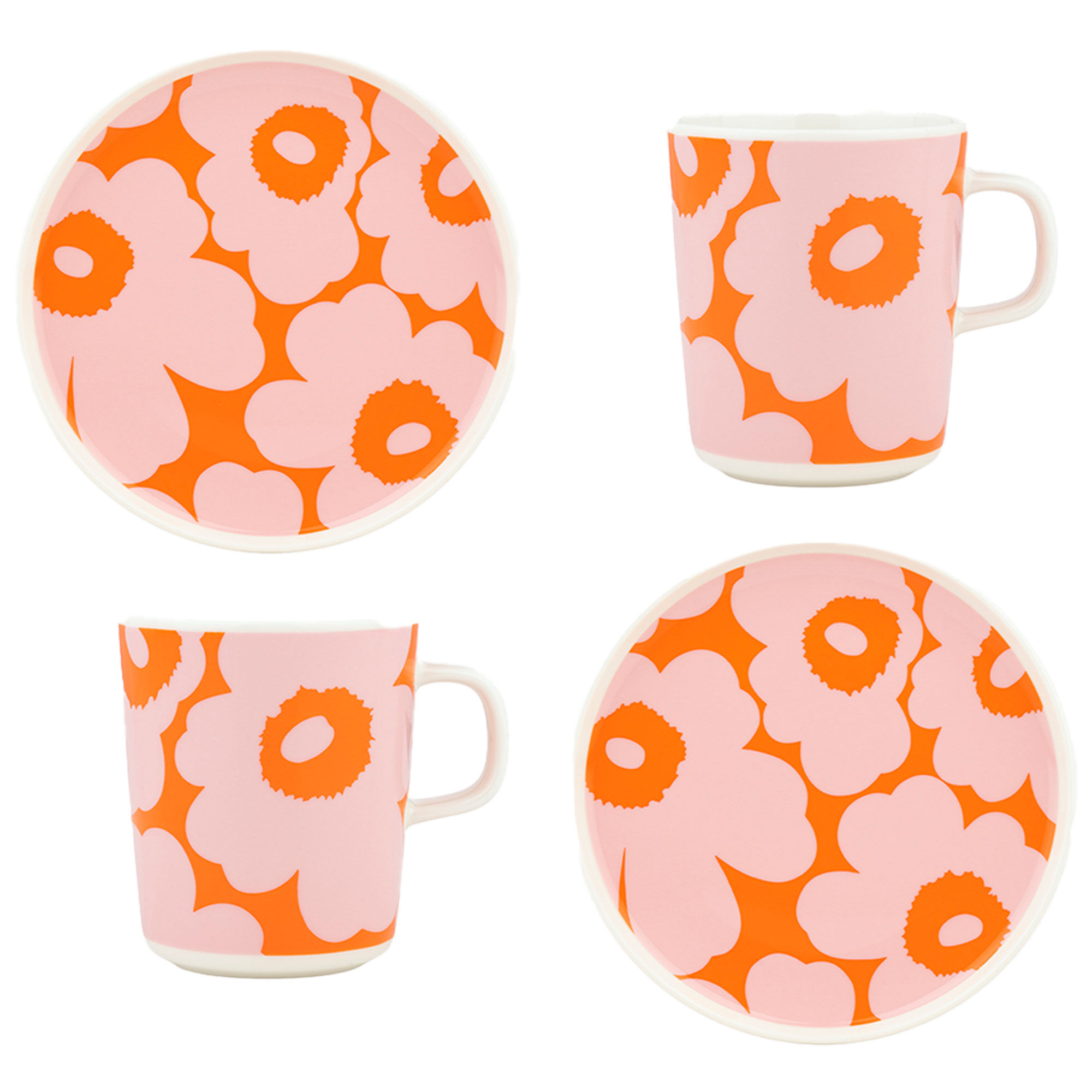 Marimekko Unikko morgenmadssæt 4 dele, hvid/lyserød/orange