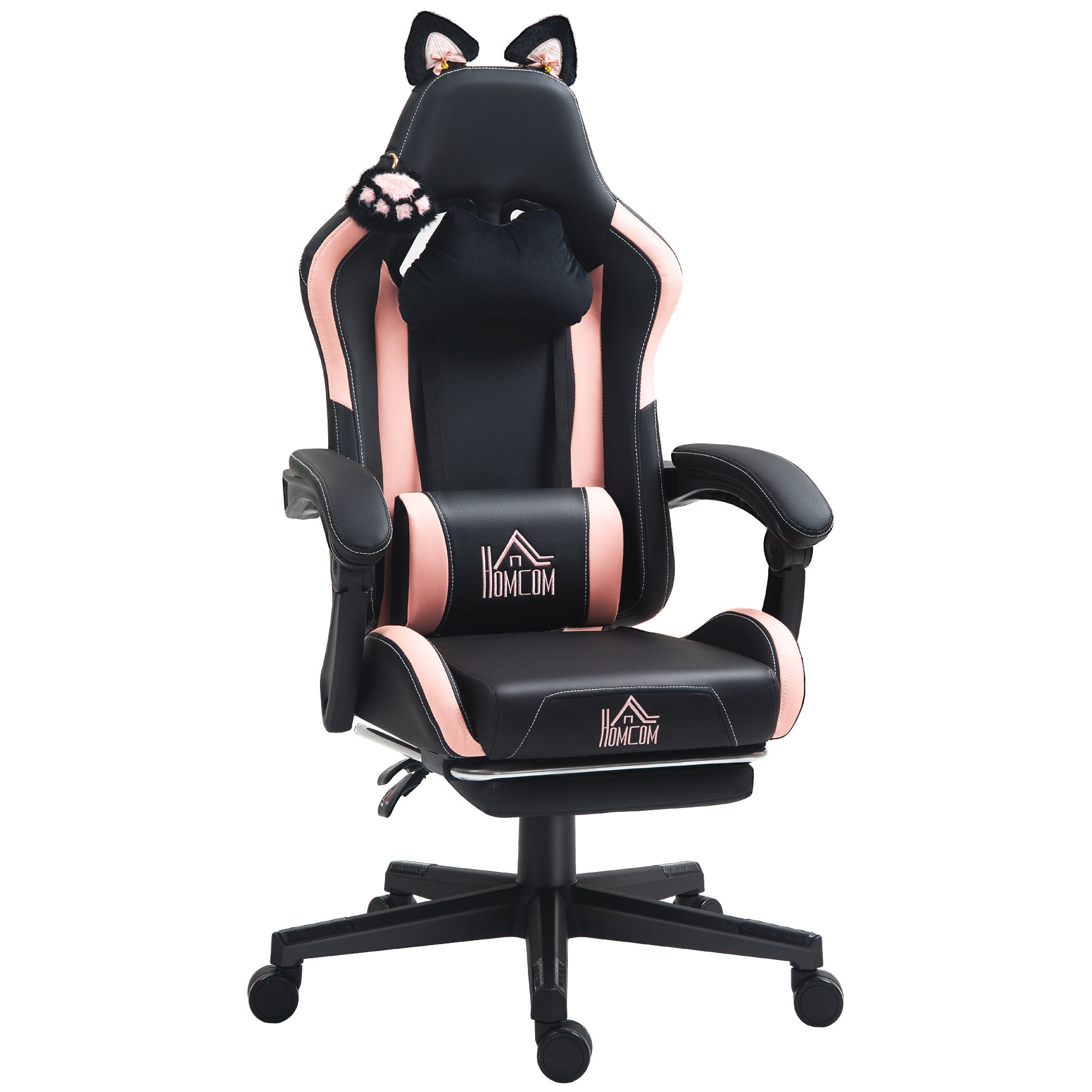 Gamingstol med katteører, lænelæn, udtrækkelig fodstøtte, op til 120 kg, pink/sort