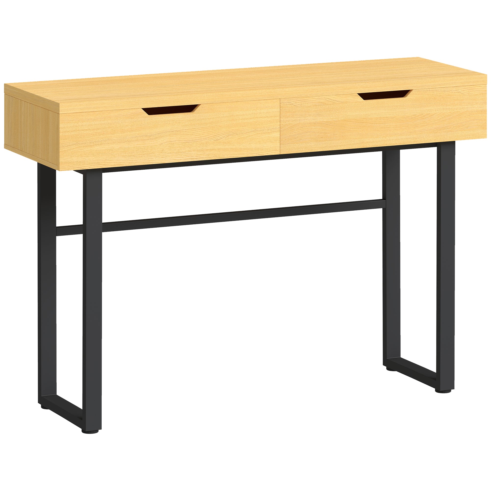 Konsolbord, smalt entrebord med 2 skuffer, metalstel, til entre, 110 x 35 x 76,5 cm, naturlig finish