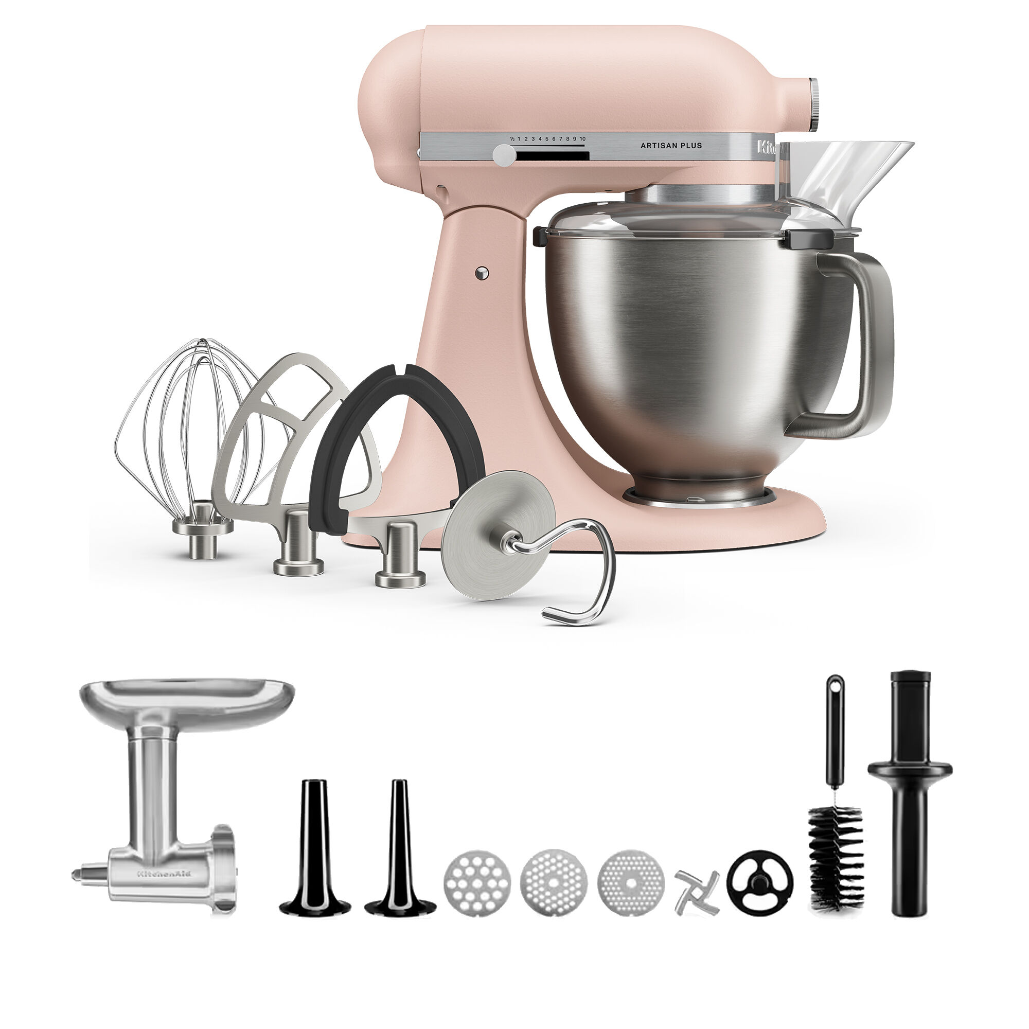 Kitchenaid Artisan Plus køkkenmaskine med kødkværn, 4,7 liter, feather pink