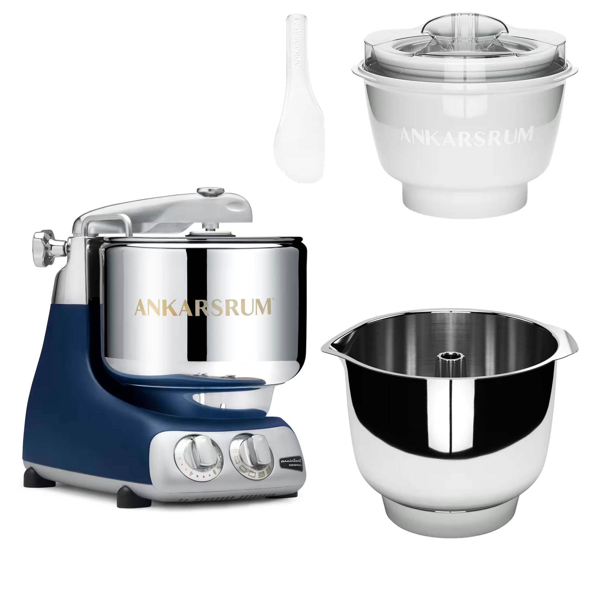 Ankarsrum Assistent Original AKM 6230 køkkenmaskine med istilbehør og ekstra piskeskål, royal blue