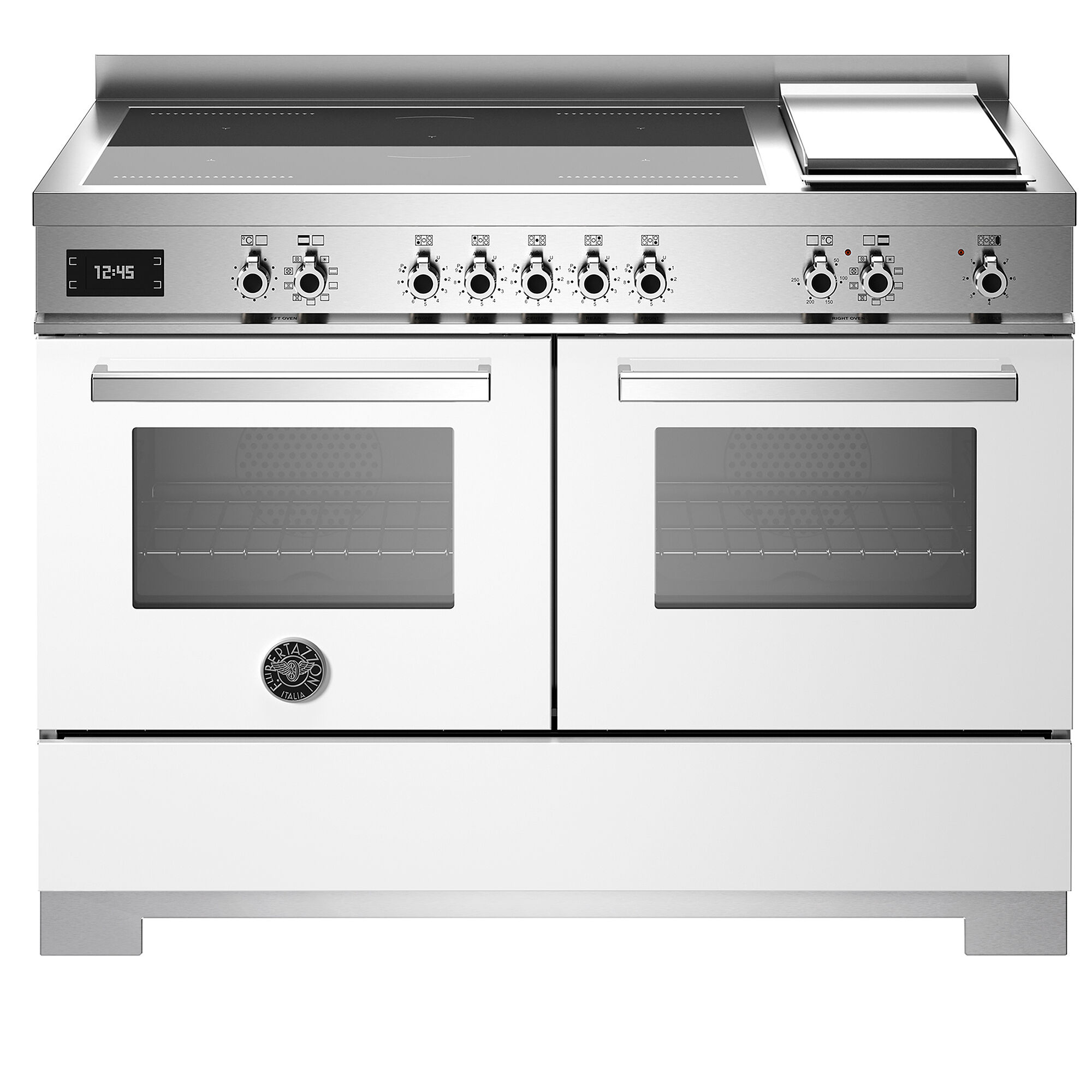 Bertazzoni PRO125I2EBIT2 Professional induktionskomfur 120 cm med 5 zoner, elektrisk stegebord og dobbelte ovne, hvid
