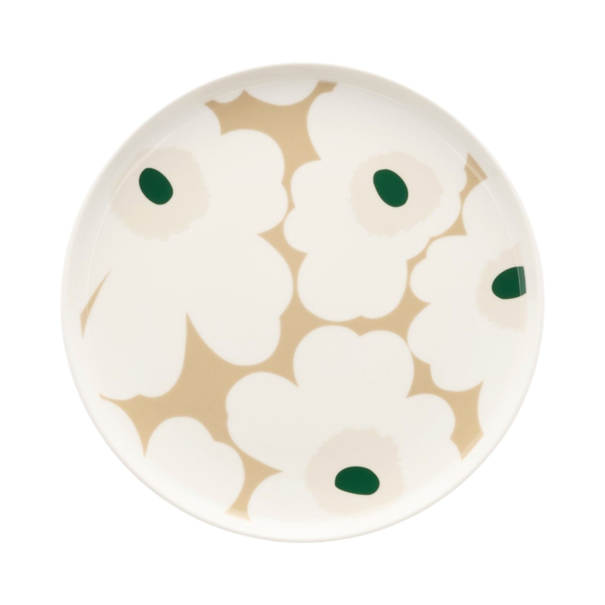 Marimekko Unikko Oiva lille tallerken 20 cm, hvid/beige/sand/mørkegrøn