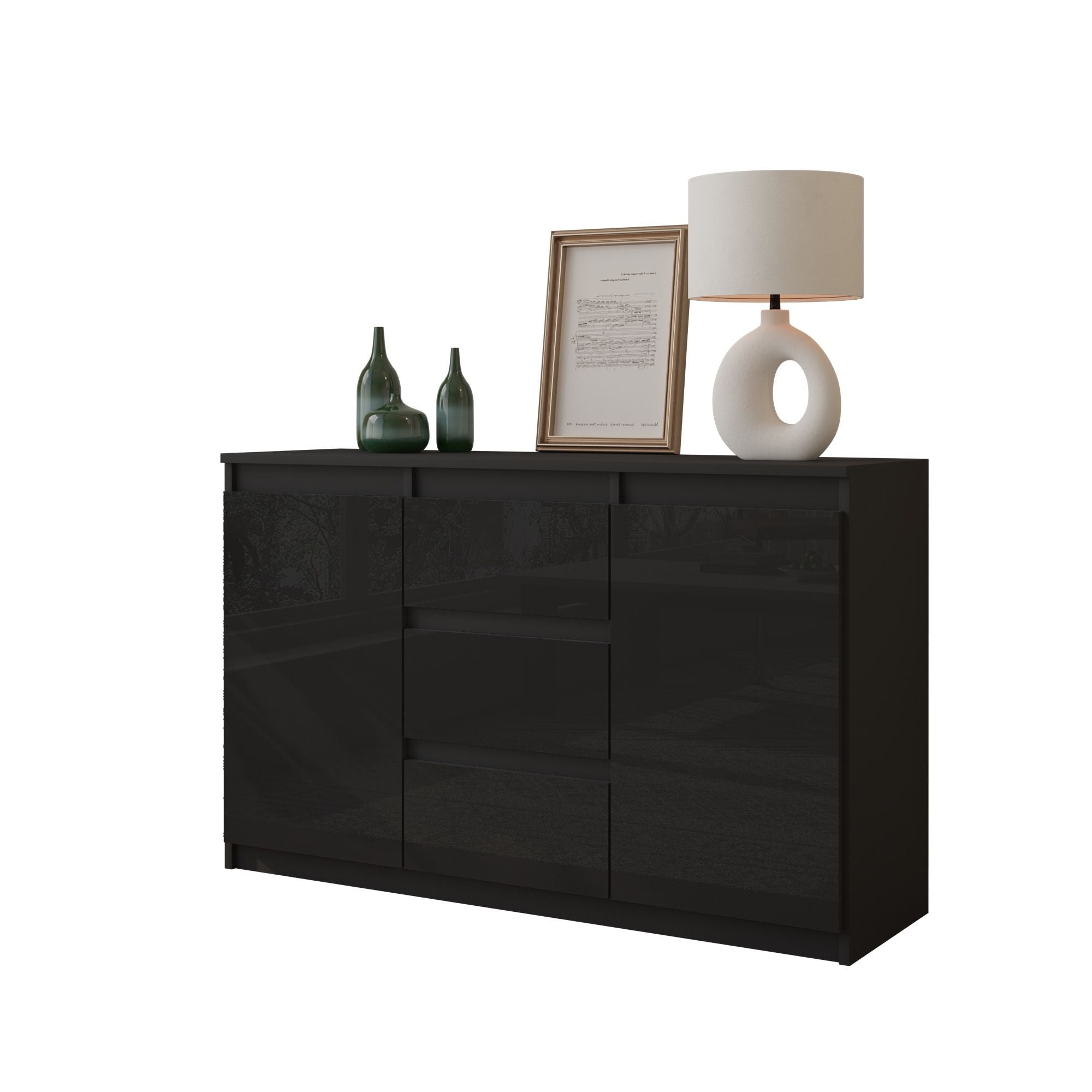 MIKEL - Kommode med 3 skuffer -Â antracit-grå / højglans sort H75cm B120cm D35cm