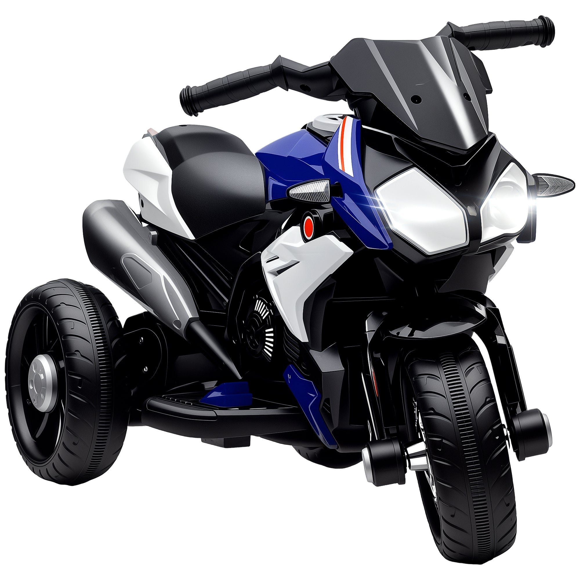 Elektrisk børnemotorcykel, lys og lyd, 3 km/t, genopladelig, plast og metal, blå/hvid