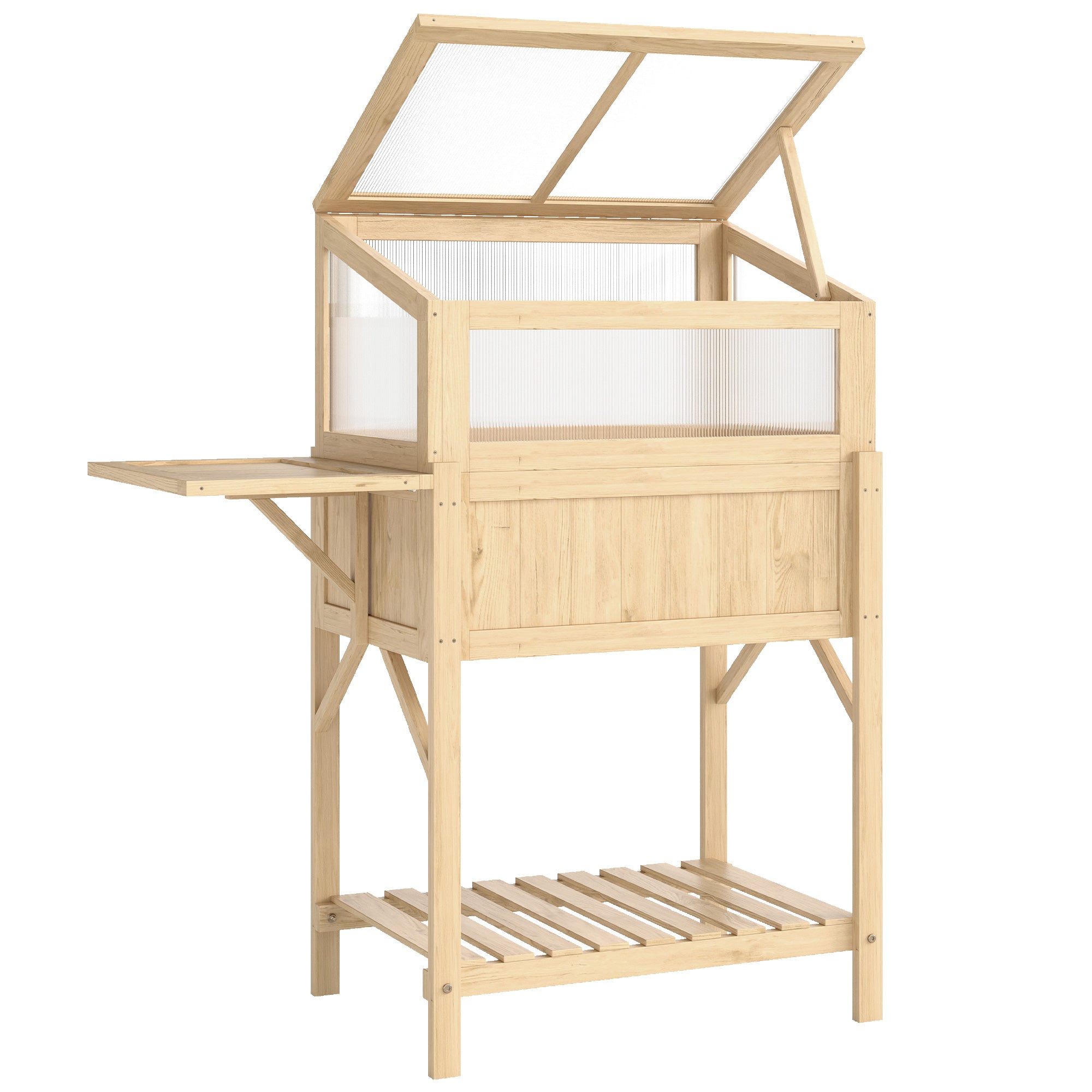 Højbed med kold ramme af træ, plantekasse med drivhus, foldbar, sidebord, opbevaringsrum, naturtræ