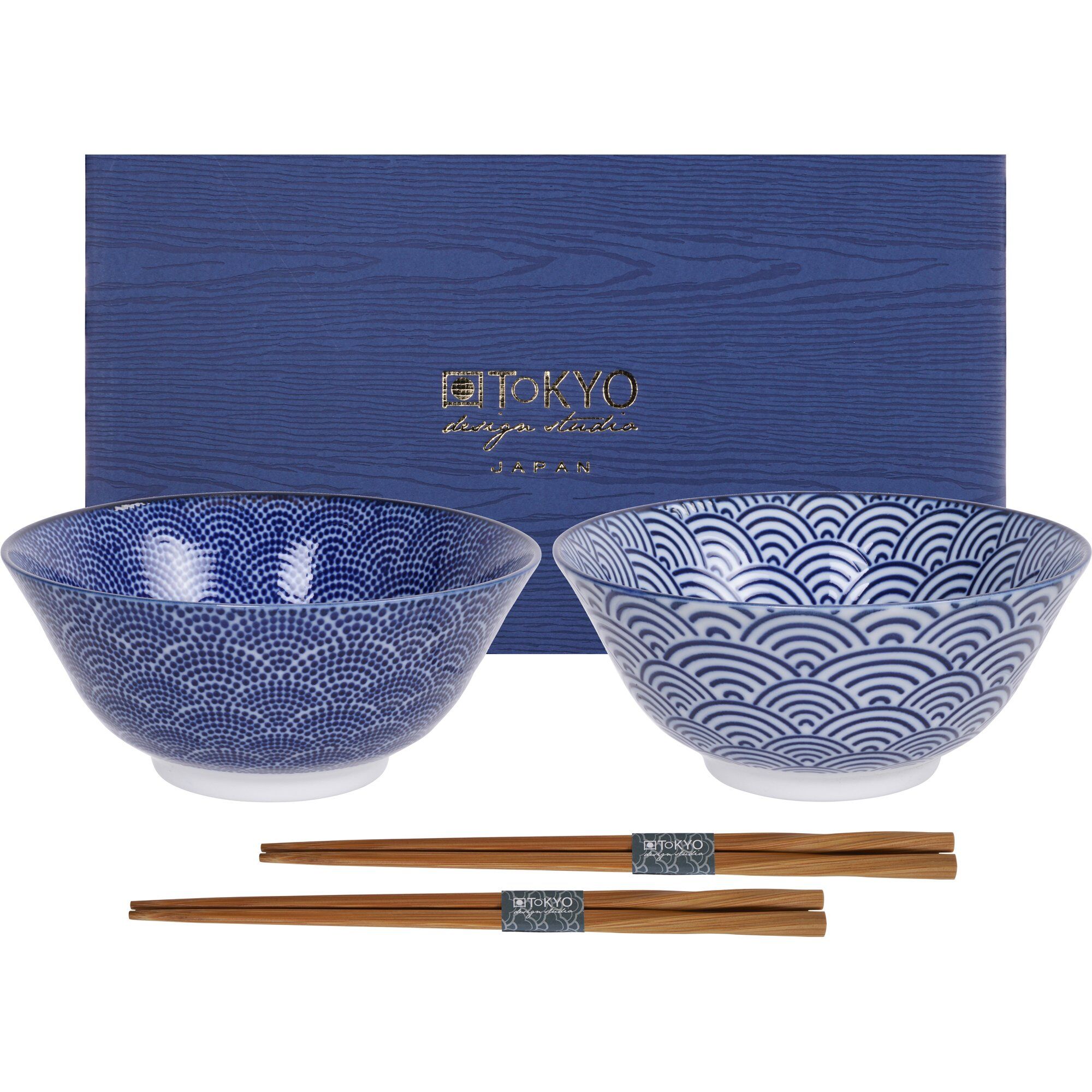 Tokyo design studio Nippon Blue skålesæt + spisepinde, prikker/bølger