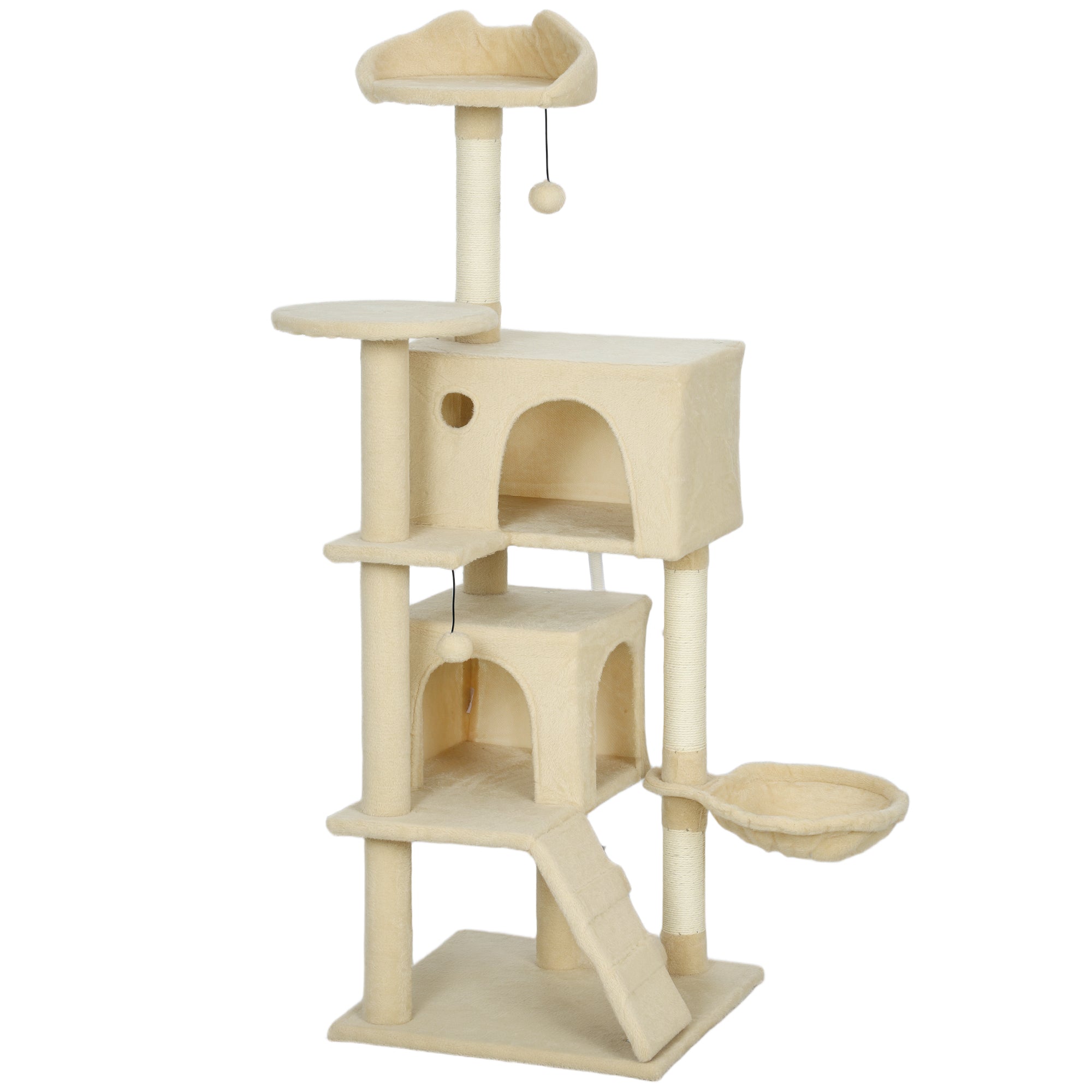 Kradsetræ 140 cm kattetårn med hængekøje, stige, hule, 2 plysbolde, sisalstolper, 48 x 48 x 140 cm, beige