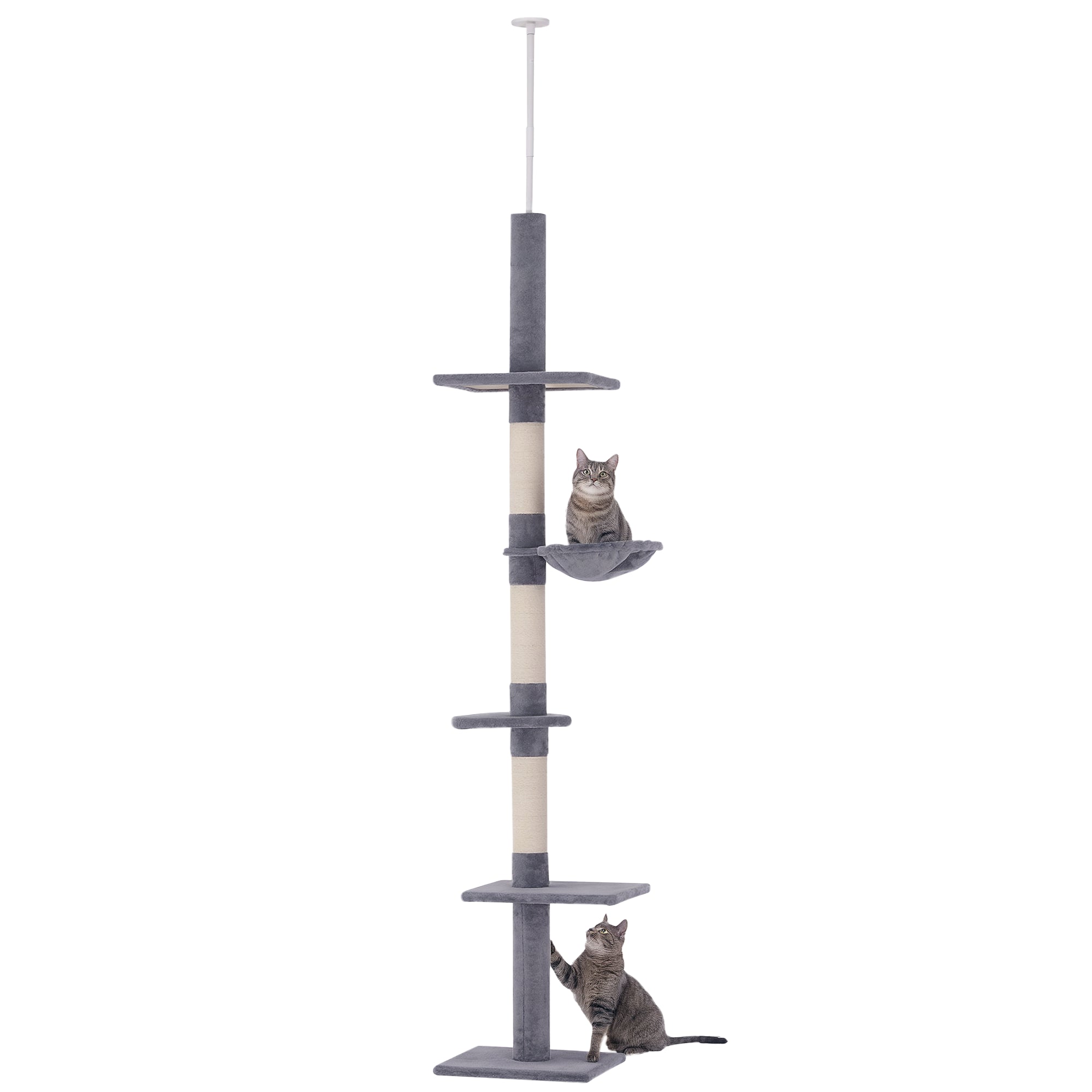 Lofthøjt, højdejusterbart kradsetræ, robust kradsetræ med sisalstolper, klatretræ til katte, gråt, 40 x 34 x 230-260 cm