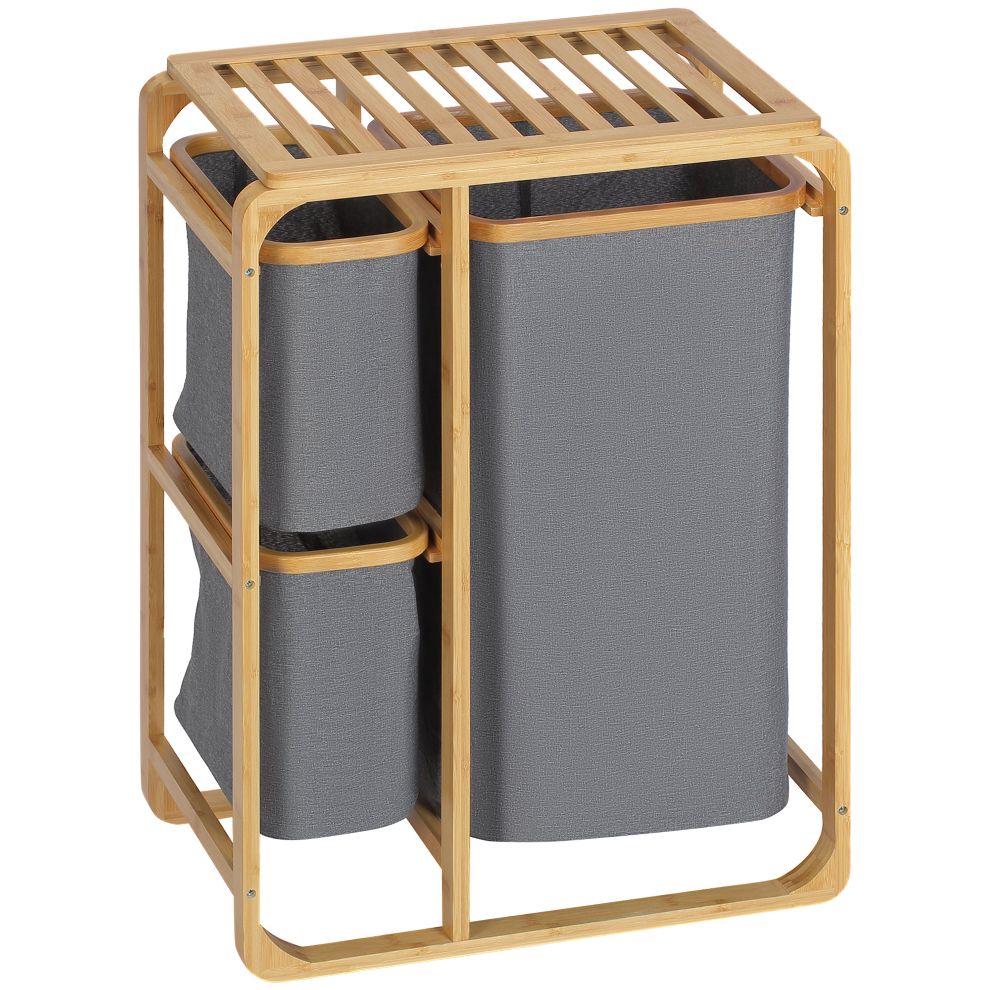 Bambus vasketøjskurv, 3 udtagelige kurve, 50 cm x 32 cm x 69,7 cm, naturgrå