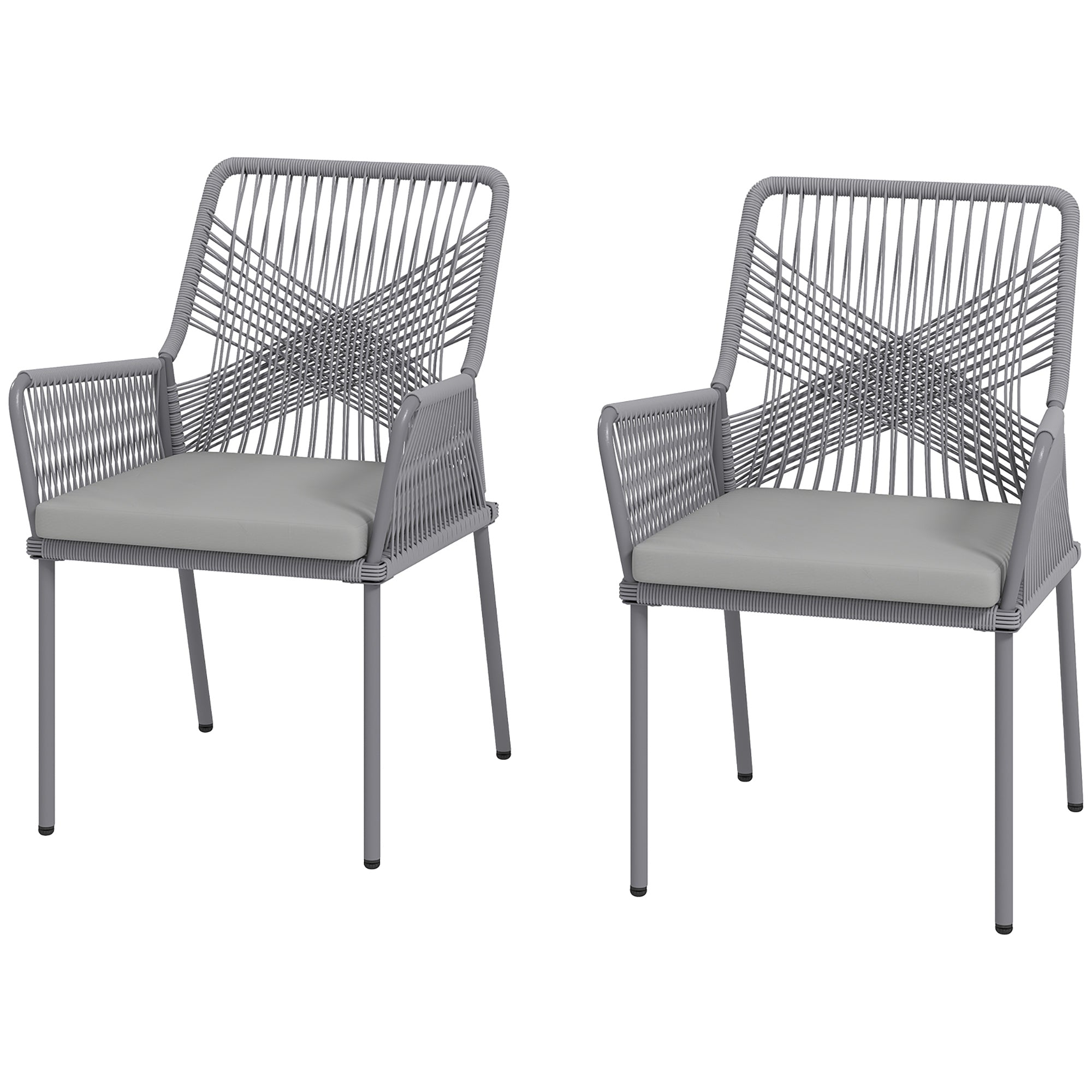 Sæt med 2 havestole, terrassestole, vaskbare hynder, ryglæn, armlæn, stål, rattan, mørkegrå