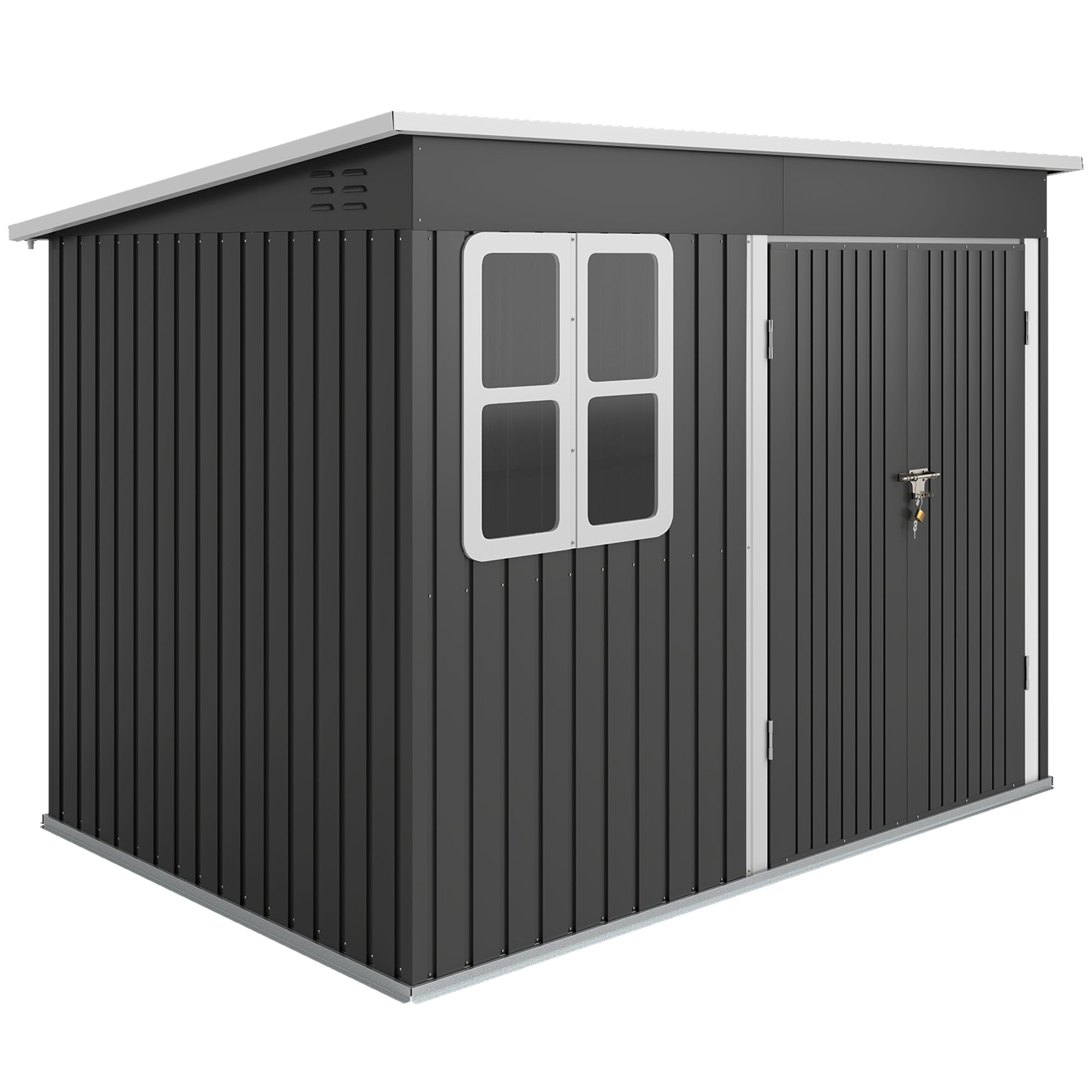 Metalskur til opbevaring af haveredskaber, med vindue, bred dør, 260 x 177 x 190 cm, mørkegrå