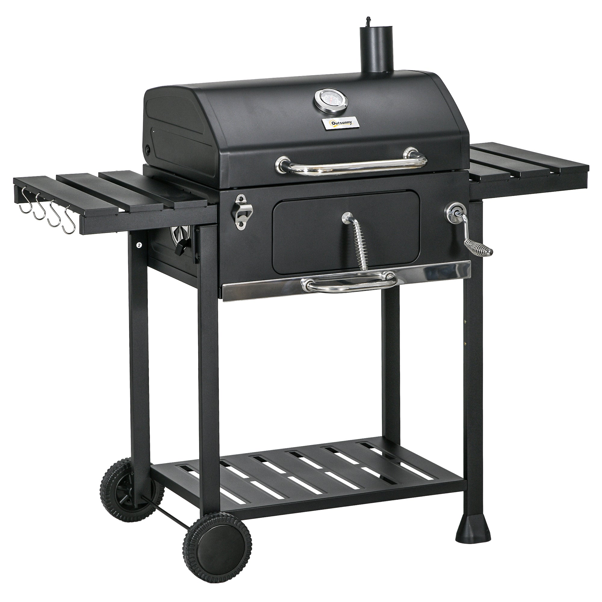 Trækulsgrill med rygeovn, inklusive termometer og flaskeåbner, 120 x 64 x 114 cm, sort