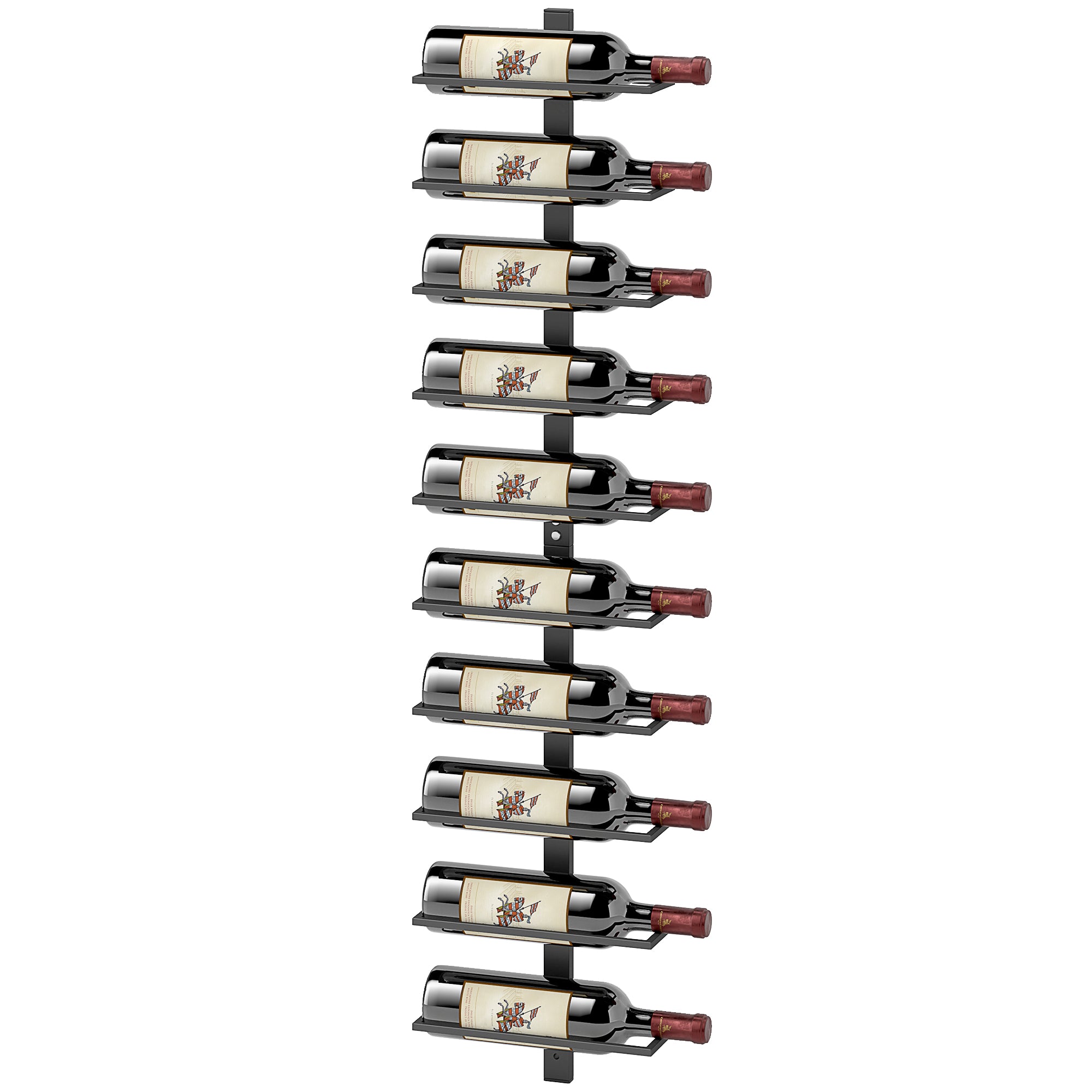 Vinreol, vægreol til 10 flasker vin, 10 hylder, metal, til køkken, stue, hjemmebar, sort