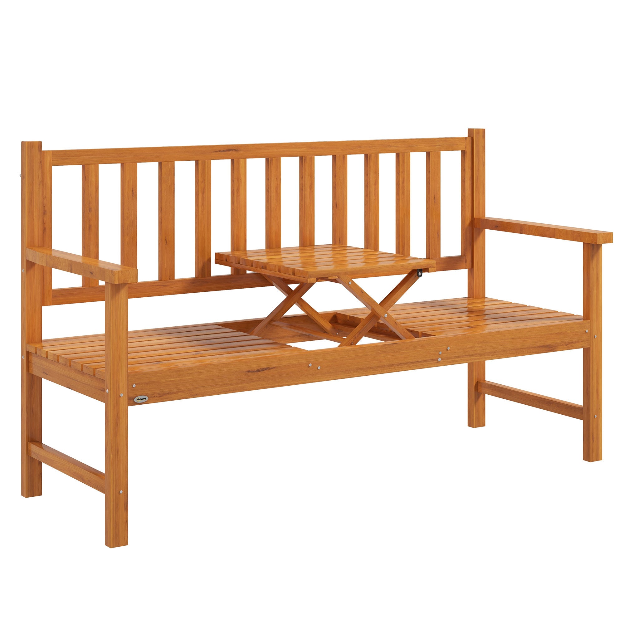 Havebænk, træbænk, udendørsbænk, klapbord, vejrbestandig, massivt træ, 153 cm x 56 cm x 91 cm, lysebrun