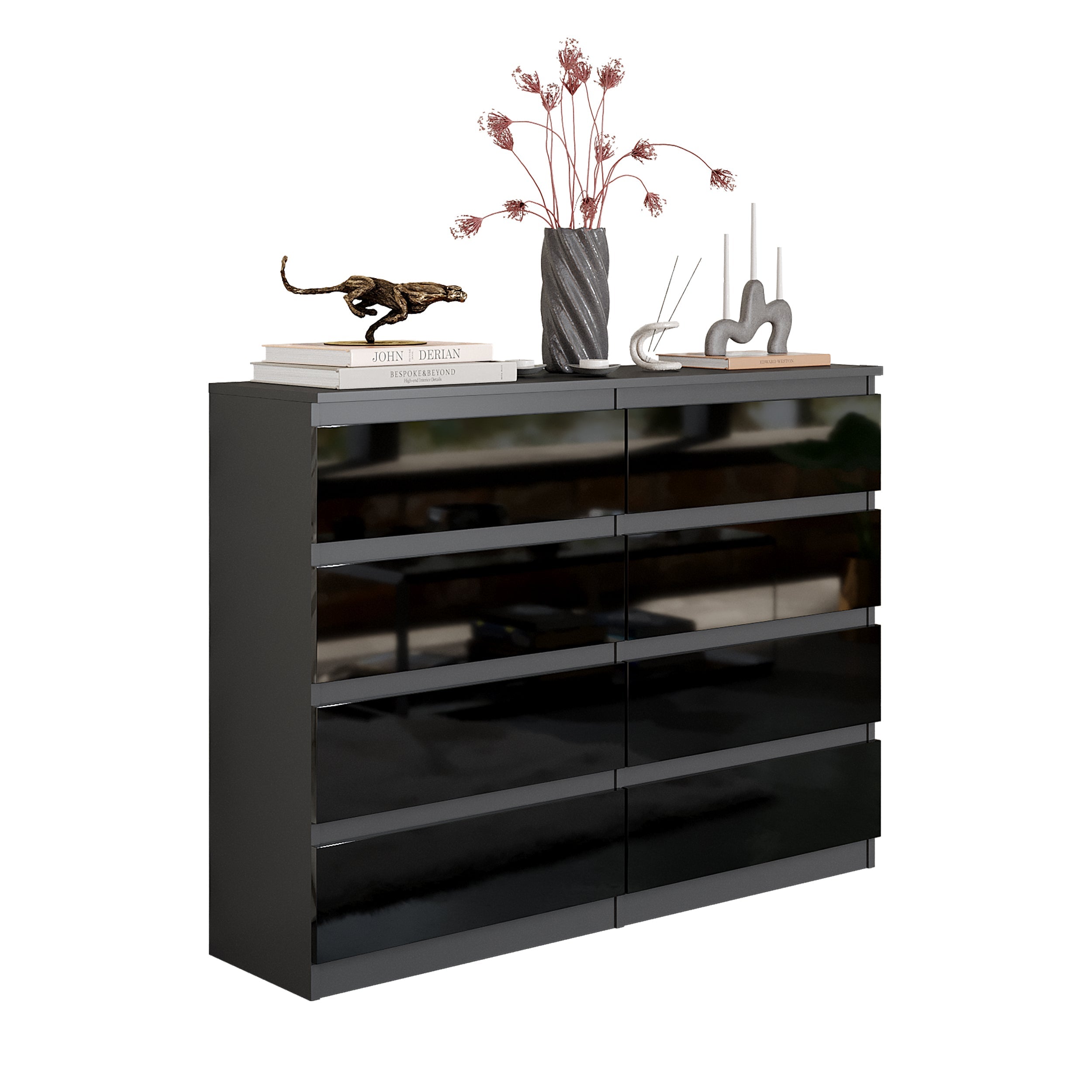 GABRIEL  -  Kommode / skænk med 8 skuffer  -  Antracit / Sort Højglans  -  H92 cm B120 cm D33 cm