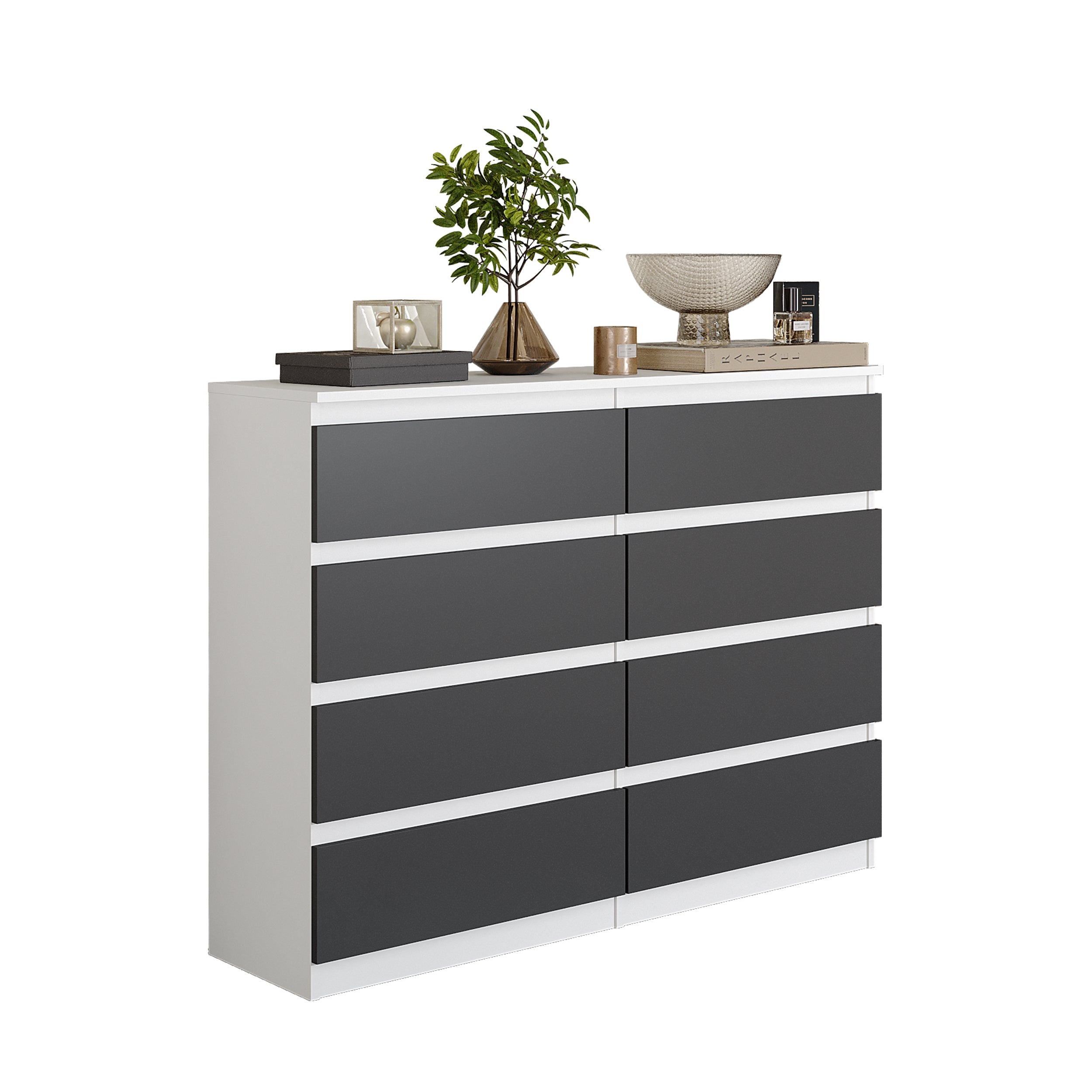 GABRIEL  -  Kommode / skænk med 8 skuffer  -  Mat Hvid / Antracit  -  H92 cm B120 cm D33 cm