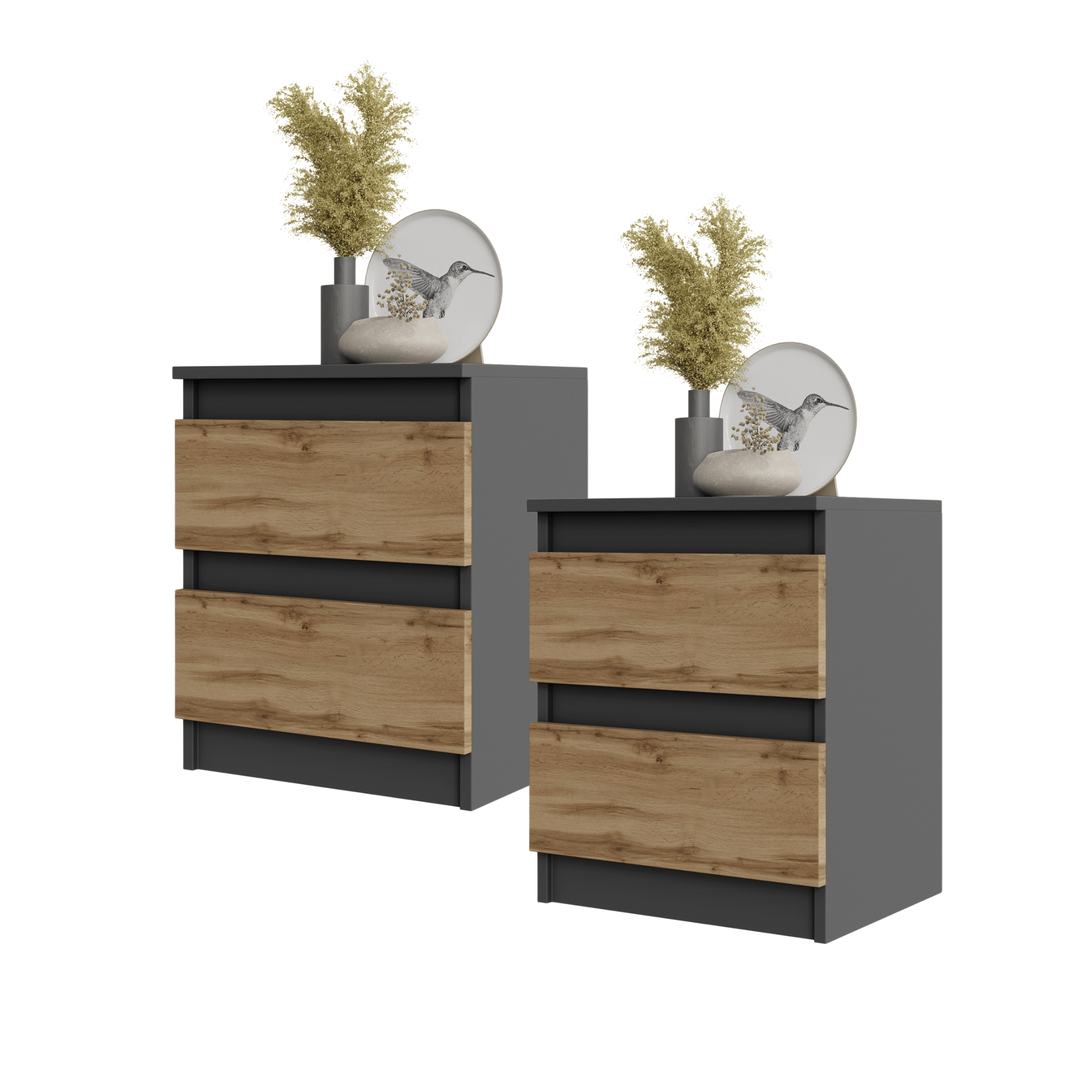 2 stk. GABRIEL BIG  -  natbord / sengebord med 2 skuffer  -  antracitgrå / Wotan eg  -  H50 cm B41 cm D33 cm