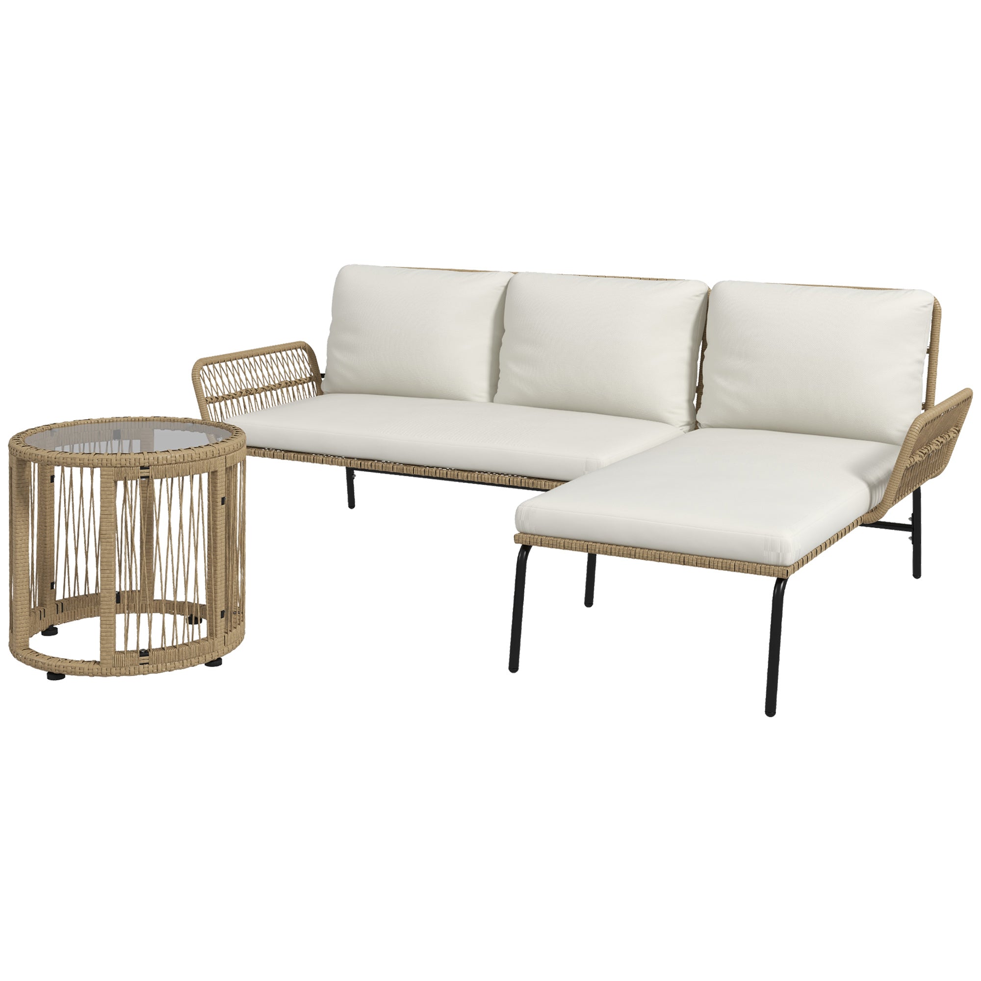 Polyrattan havemøbelsæt, 3 dele, med liggestol, to-personers sofa, aftageligt sofabord, hynder i naturhvid og cremehvid.