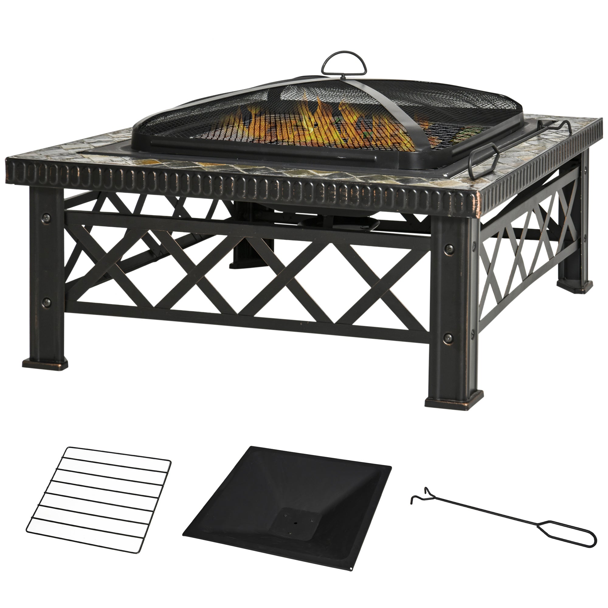3-i-1 bålfad/bålsted med gnistnet, grillrist og isspand - Havegrill - Sort - 76 cm x 76 cm x 47 cm