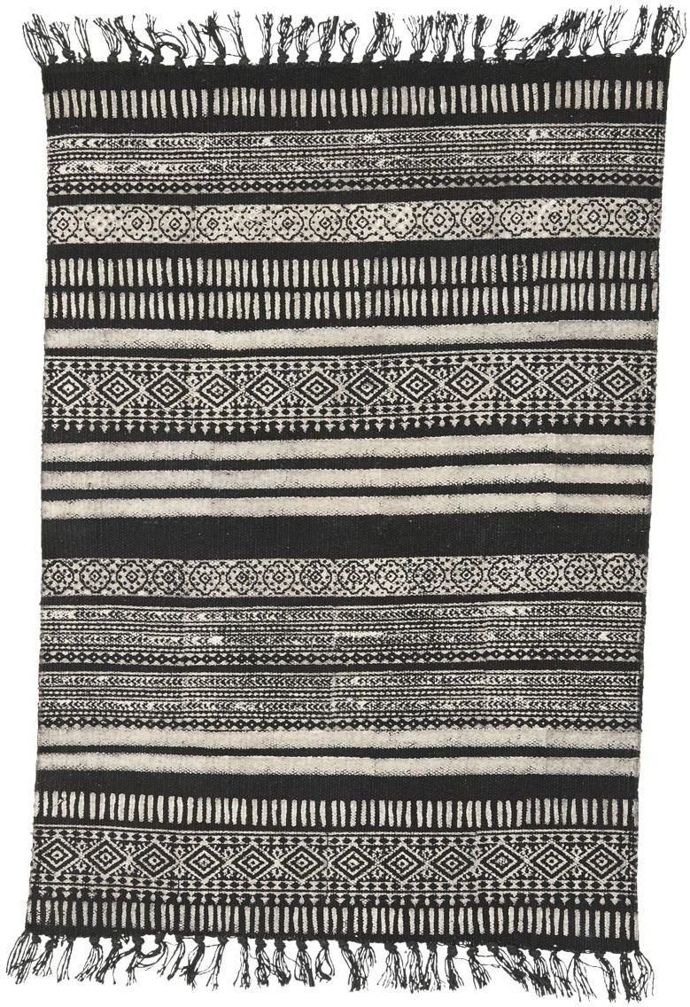 Gulvtæppe House Doctor Stack 160x230 cm sort/grå bomuldstæppe med frynser geometrisk mønster