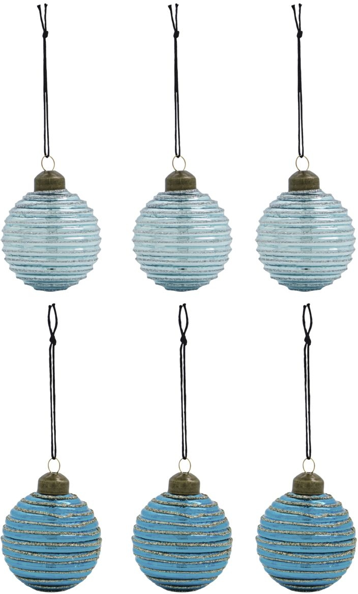 Julekugler House Doctor Lolli sæt 6 rillede ornamenter i blå glas og metal Ø6 cm