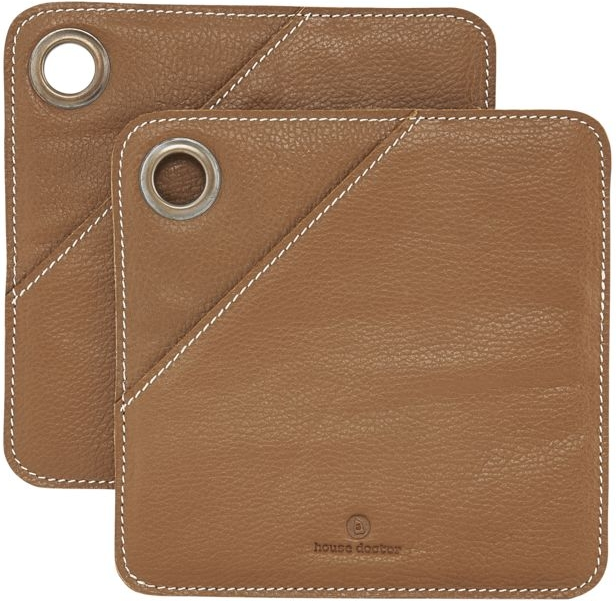 Grydelapper House Doctor Square i brunt okseskind 20,5Ã20,5 cm sæt med 2