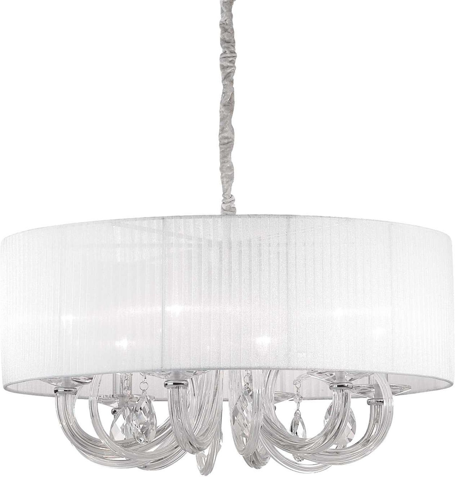 Pendellampe Ideal Lux Swan hvid/krom  -  plisseret organza og krystal, krom glasramme Ø69 cm justerbar