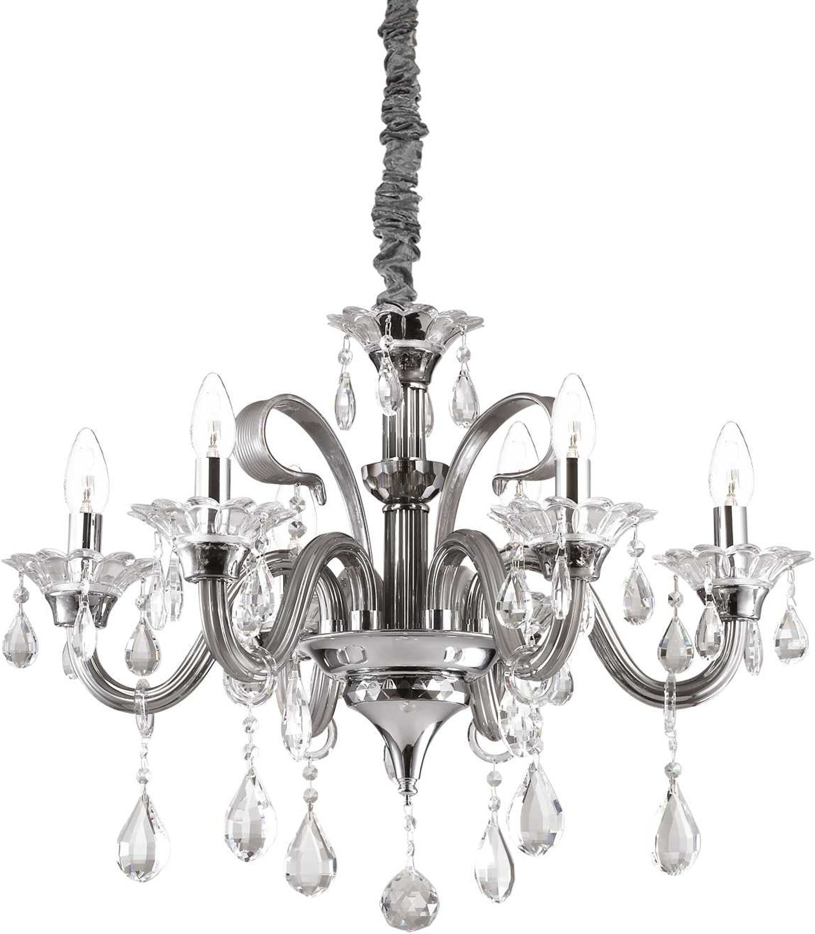 Pendellampe Ideal Lux Colossal Ø660ÃH800-1600 mm grå/krom med blæst glas og krystaller
