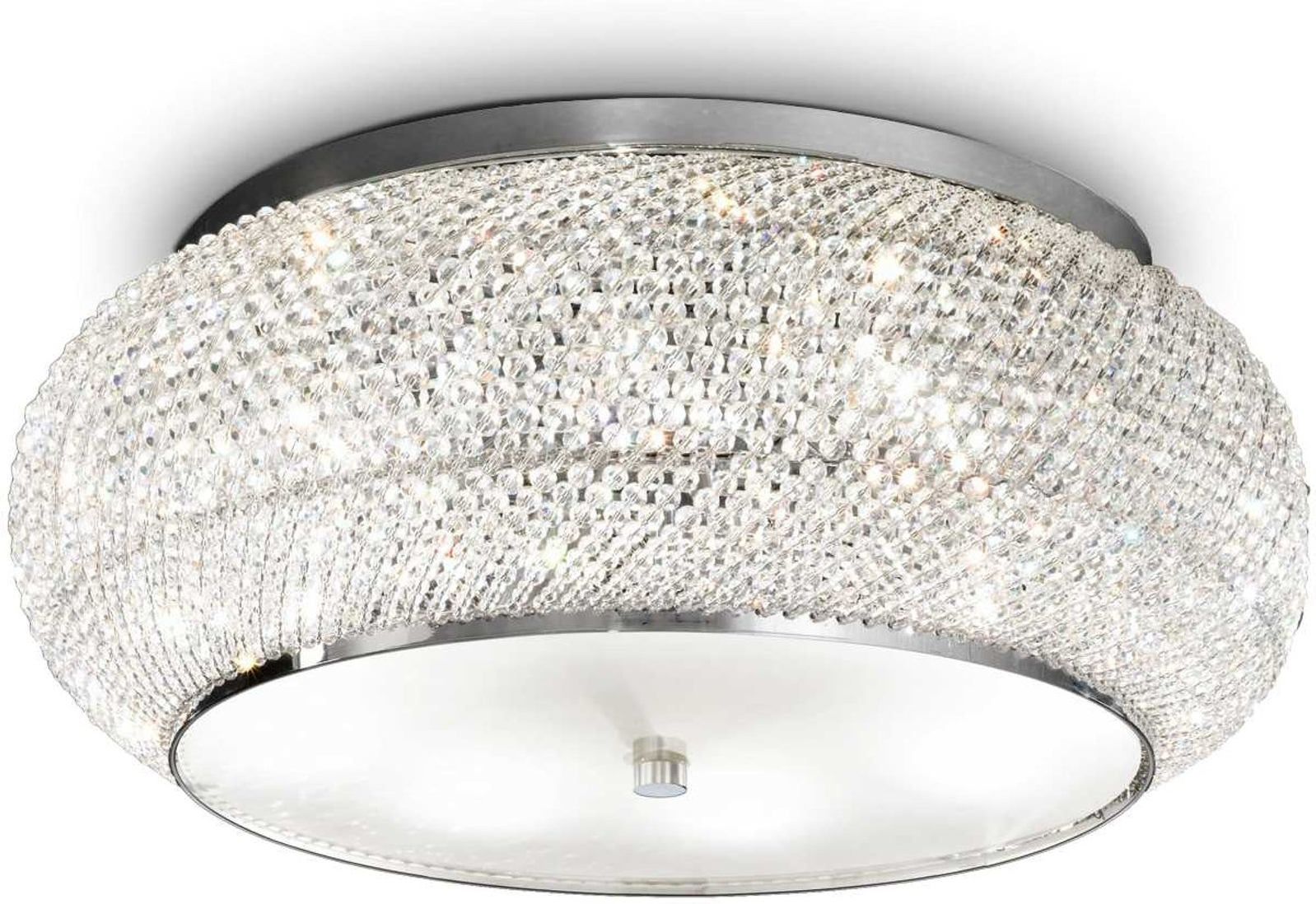 Loftlampe Ideal Lux Pasha krom med krystalperler og sandblæst glas Ø55 x H21 cm