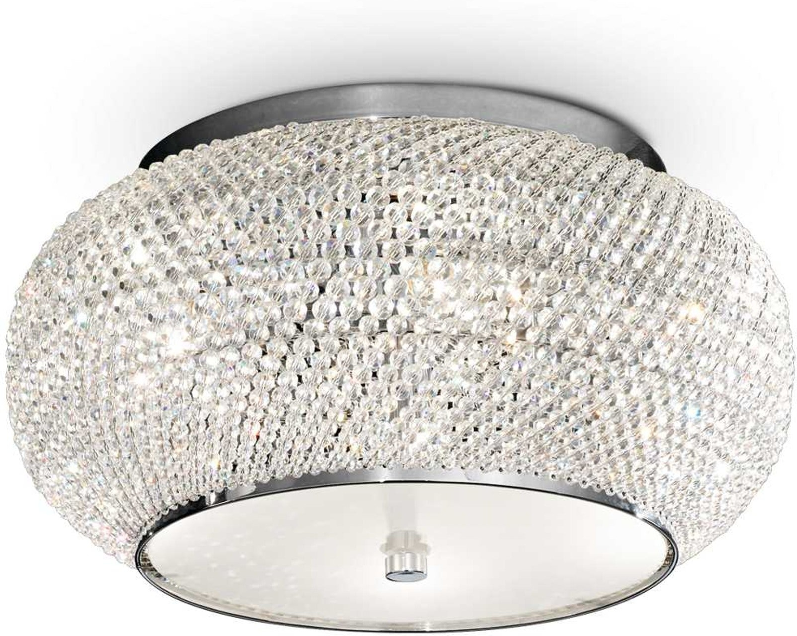 Loftslampe Ideal Lux Pasha Ø40 x H22 cm krom med krystalperlesnor 6xE14