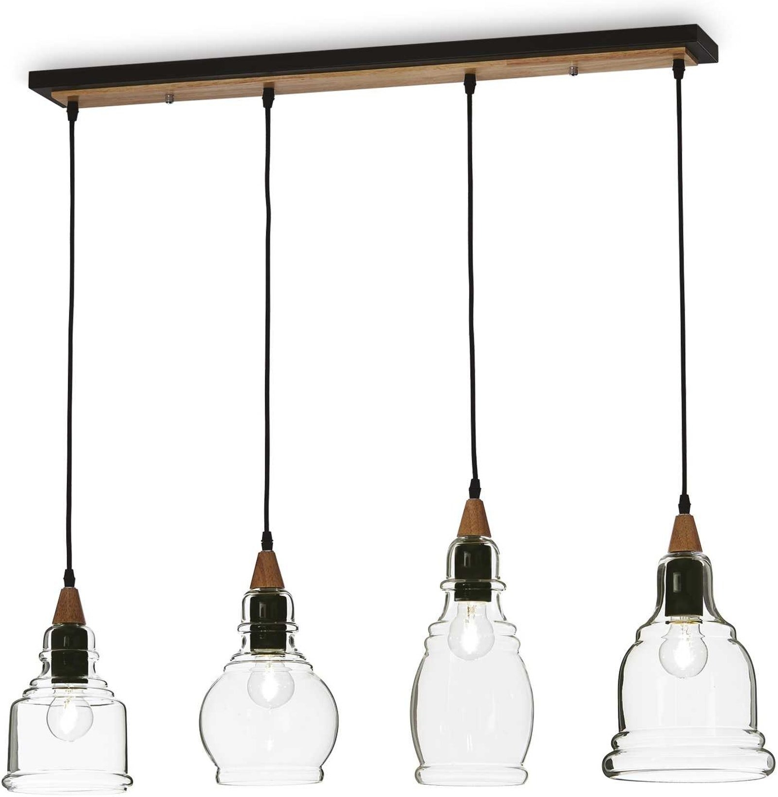 Pendel lampe Ideal Lux Gretel 4-lys sort med klart glas og trædetaljer