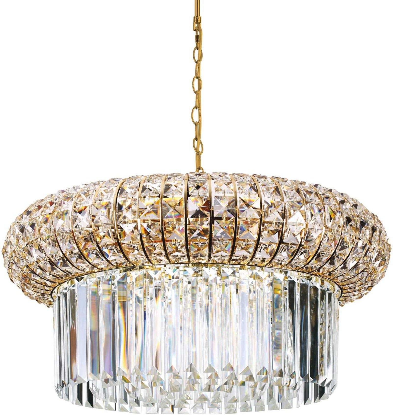 Pendellampe Ideal Lux Nabucco Ø60 cm guldfinish med klarskårne krystaller justerbar højde 42 - 147 cm