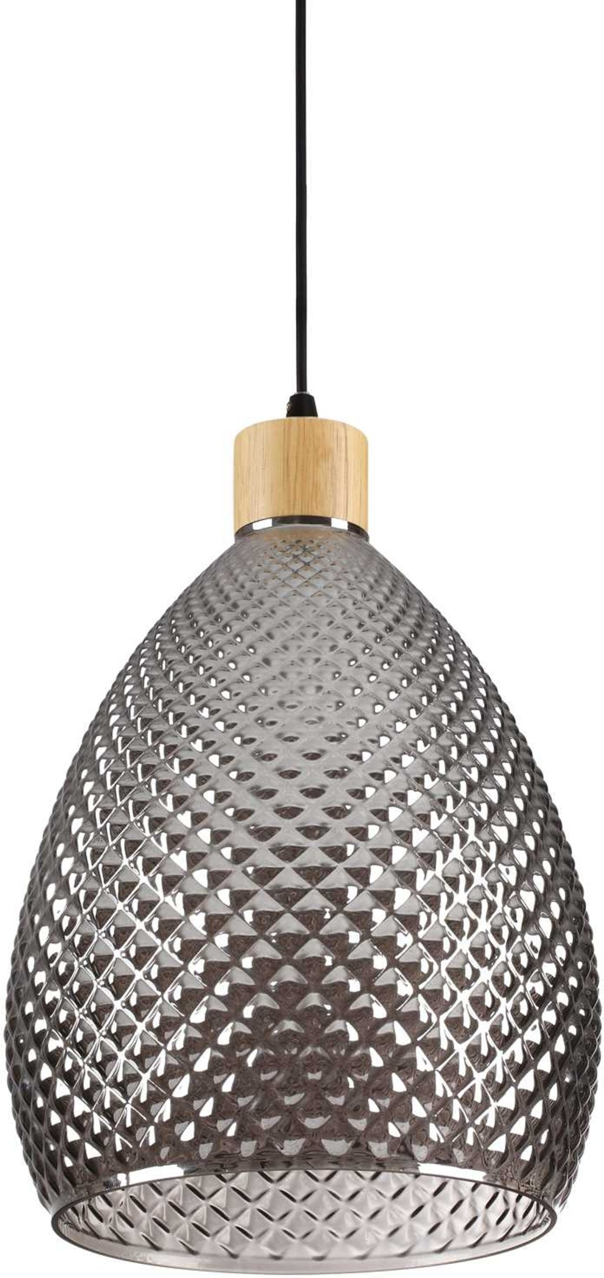 Pendel lampe Ideal Lux Bergen sort metal ø240 mm blæst glas røgfinish træramme justerbar højde 38-238 cm E27