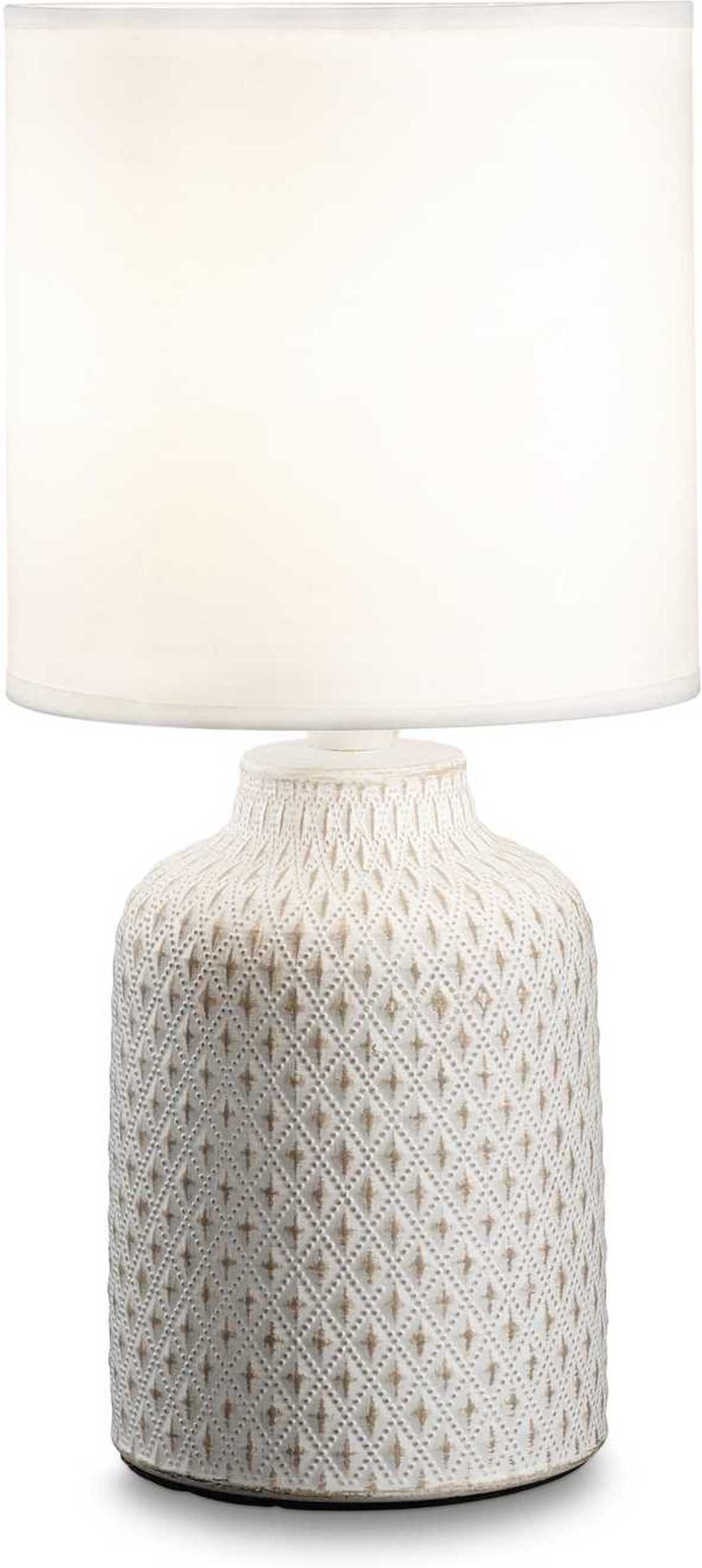 Bordlampe Ideal Lux Kali hvid Ø15ÃH32 cm keramikkrop med stofskærm dekorativ relief