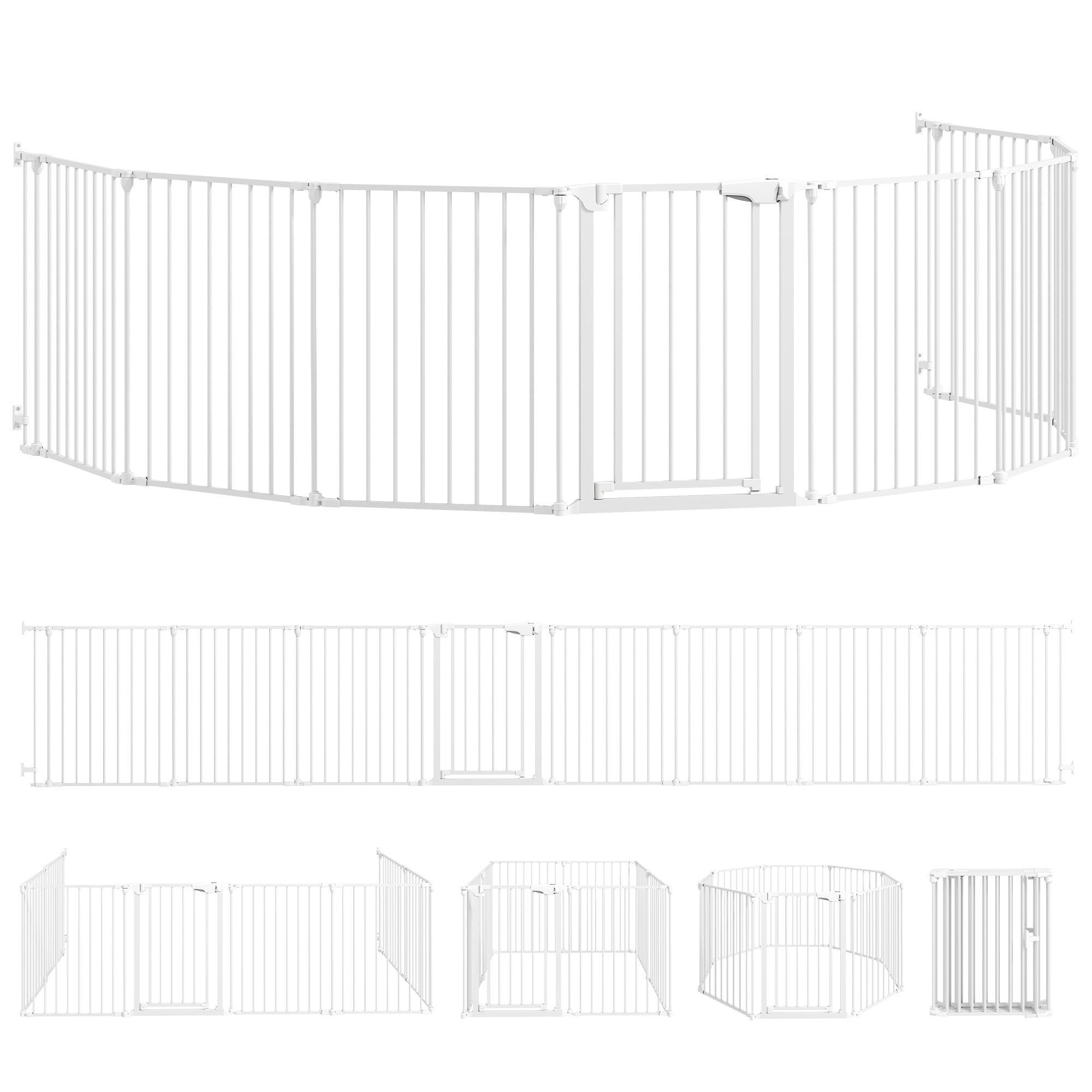 Kæledyrshegn, 8-panels barriere med dør, foldbar, til små og mellemstore hunde, plastik, kulstofstål, hvid