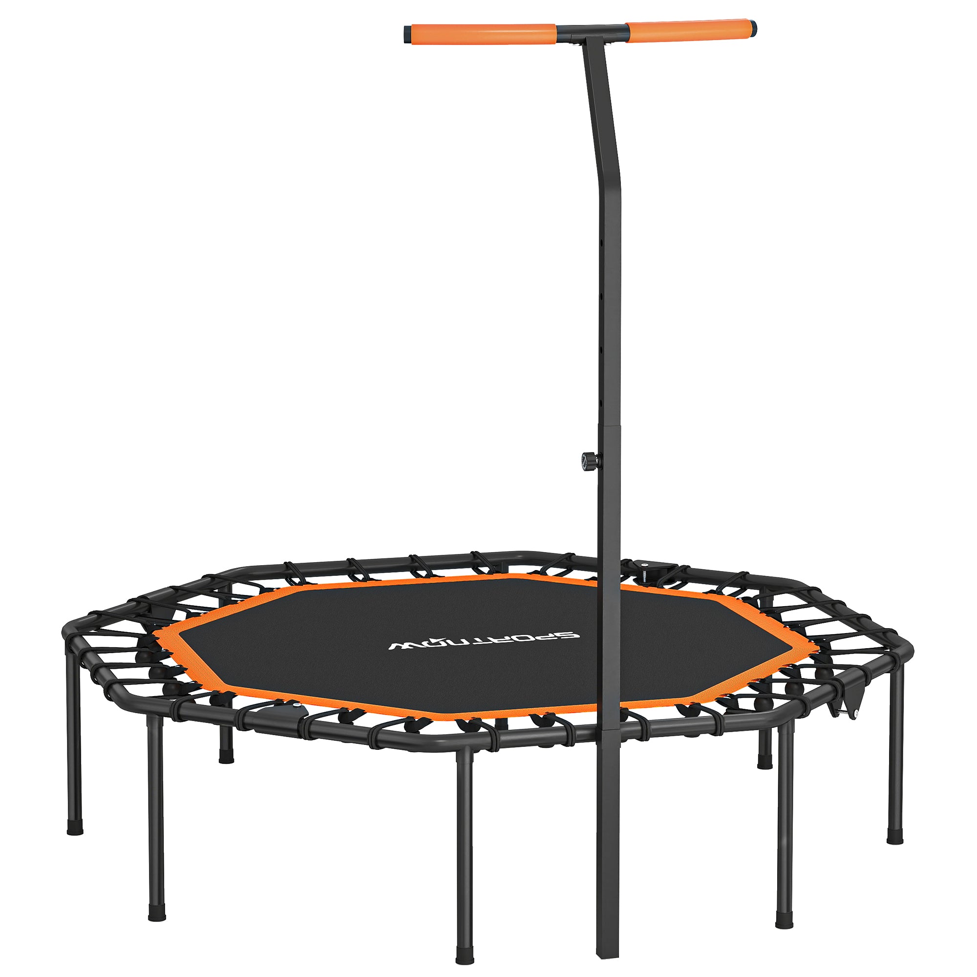Fitnesstrampolin, træningstrampolin med justerbart håndtag, stabil og støjsvag, til indendørs brug, stål, orange