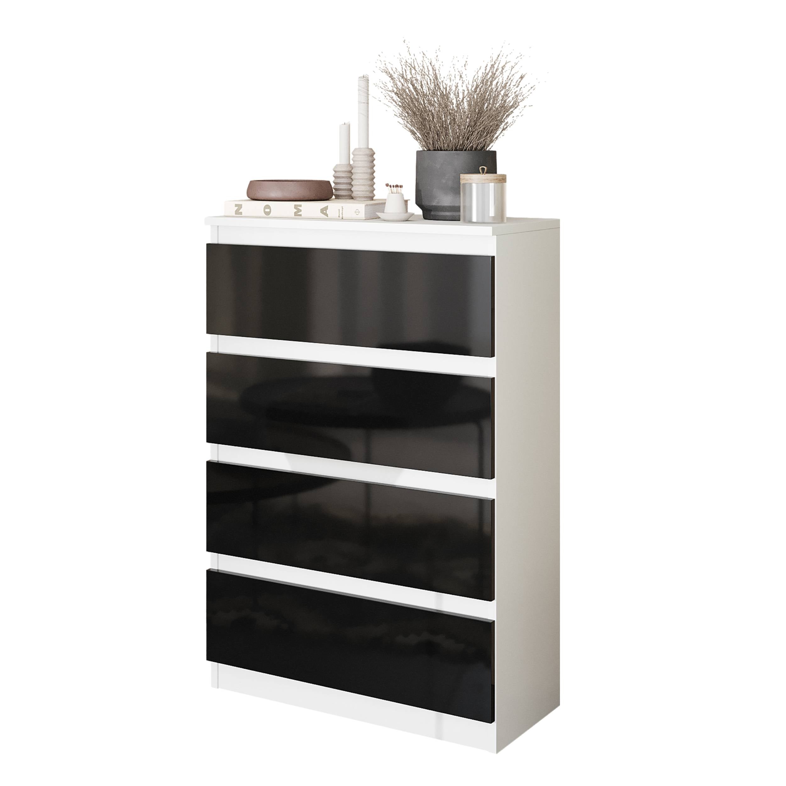 GABRIEL  -  kommode med 4 skuffer  -  mat hvid / sort højglans  -  H92 cm B60 cm D33 cm