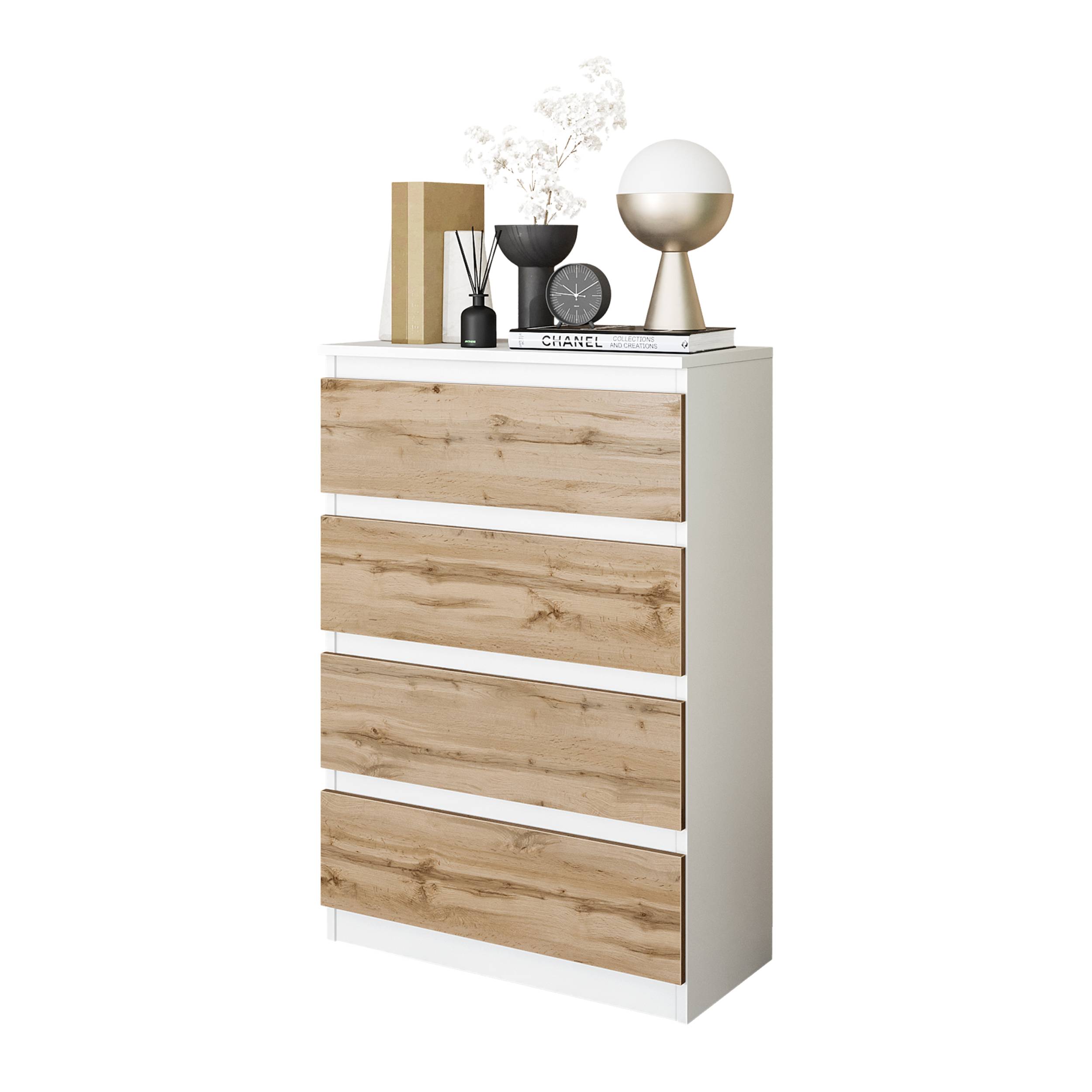 GABRIEL - Kommode / skænk med 4 skuffer - Hvid Mat / Wotan Eg - H92cm B60cm D33cm