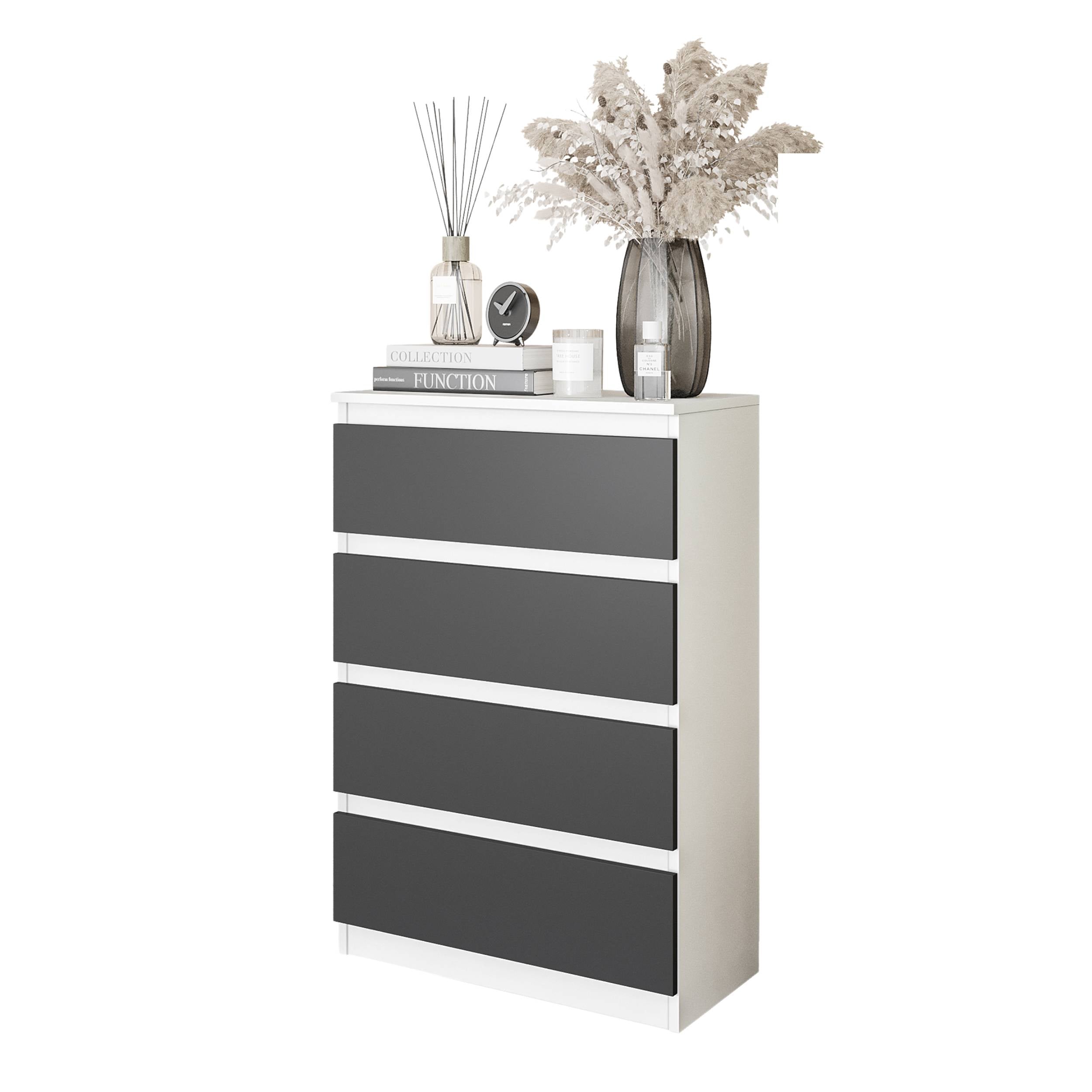 GABRIEL - Kommode / skænk med 4 skuffer - Hvid Mat / Antracit H92cm B60cm D33cm