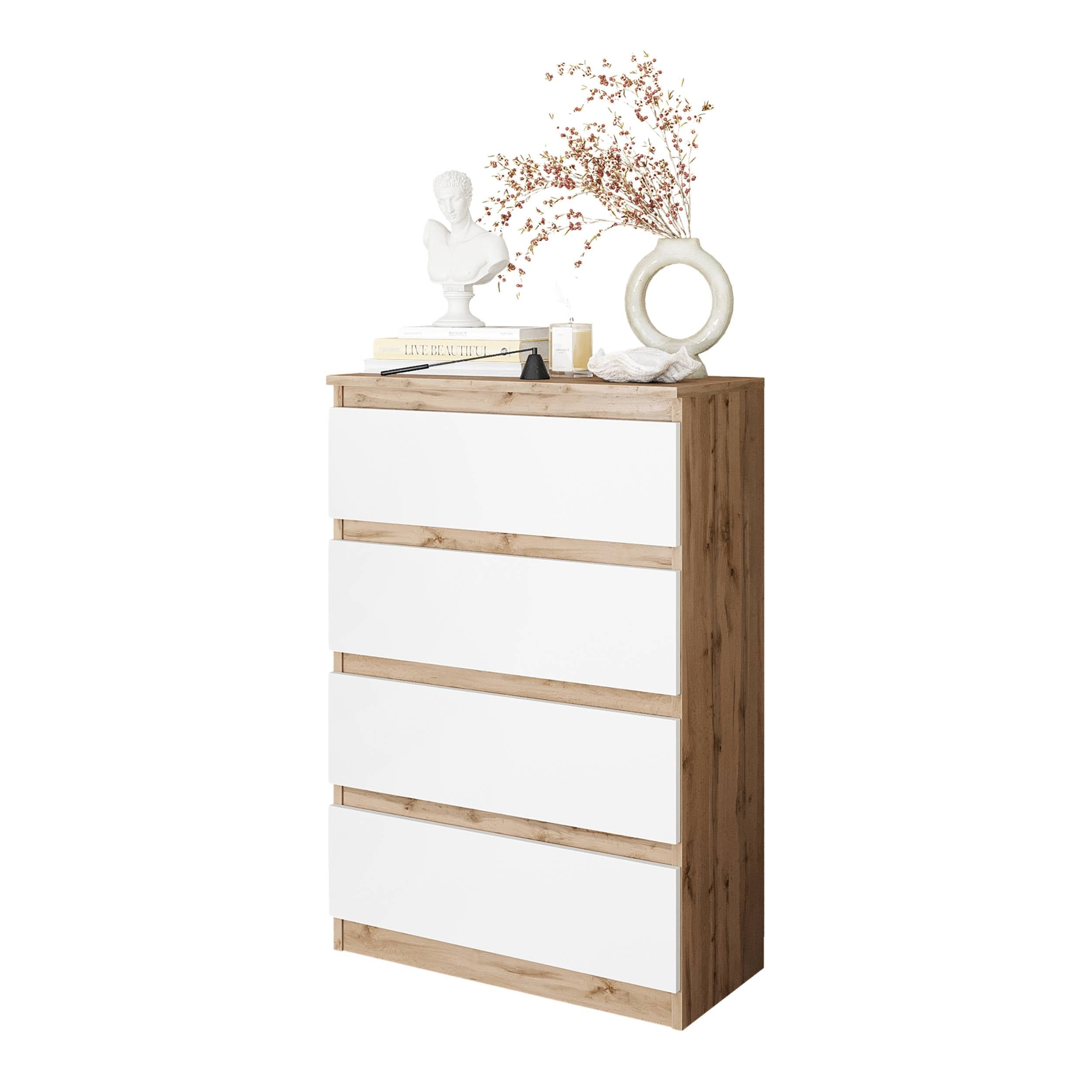 GABRIEL - Kommode / skænk med 4 skuffer - Wotan Eg / Hvid Mat - H92cm B60cm D33cm